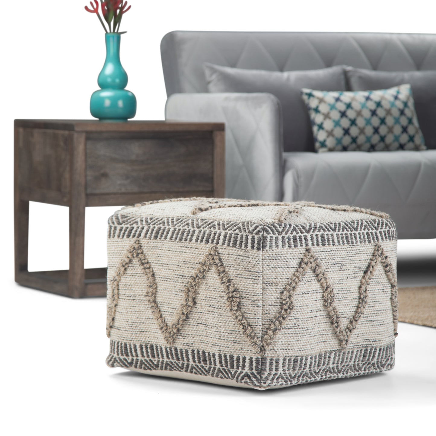 Beige Fabric Square Pouf - 18" D x 18" W for Living Room