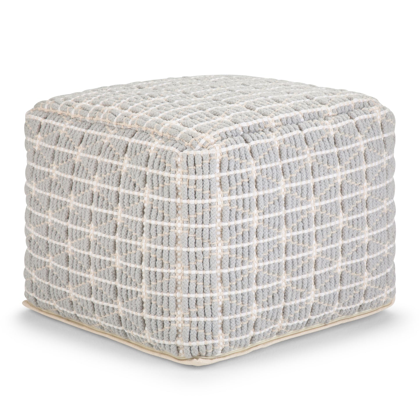Noreen 18 inch Wide Square Pouf in Light Blue and White Handwoven Cotton