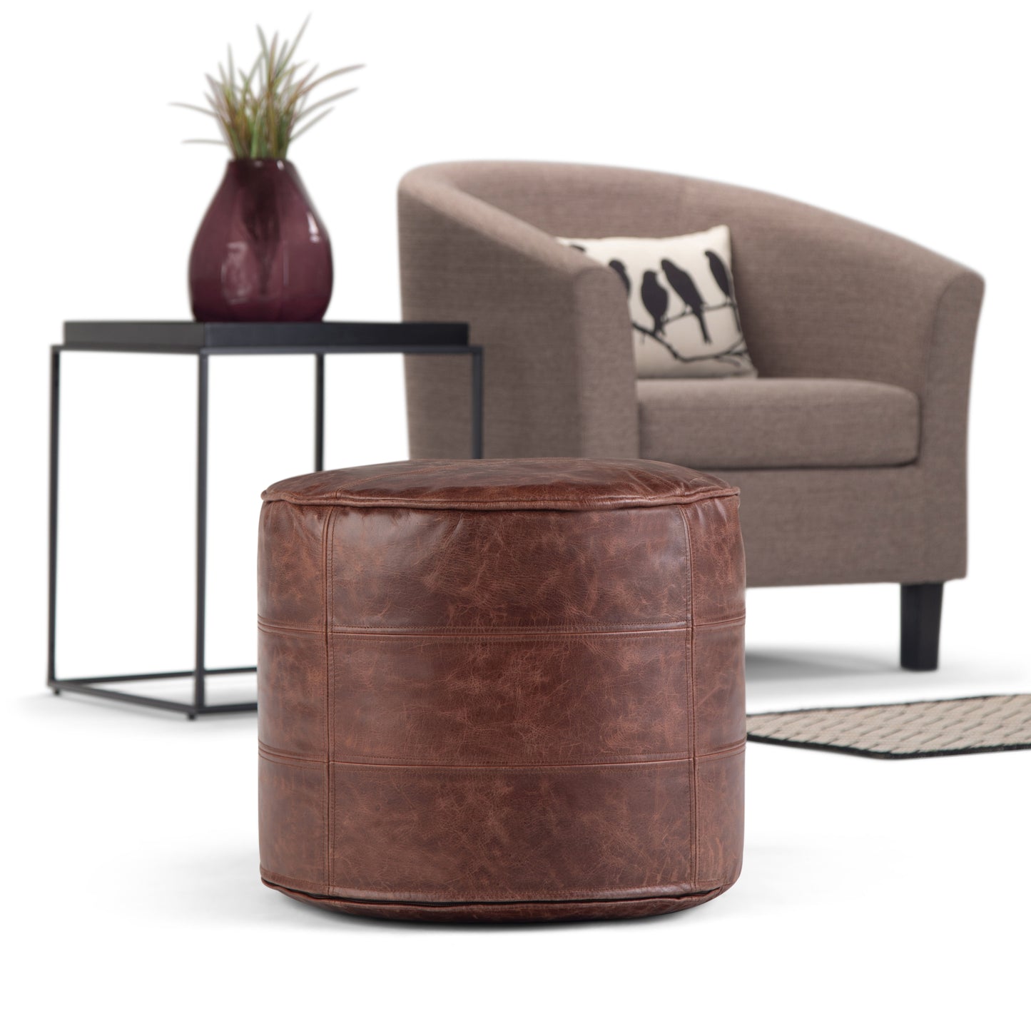 Dark Brown Leather Round Pouf - 18 Inch for Living Room