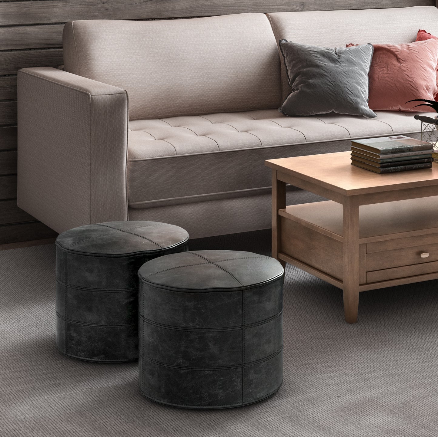 Dark Gray Leather Round Pouf - 18 Inch