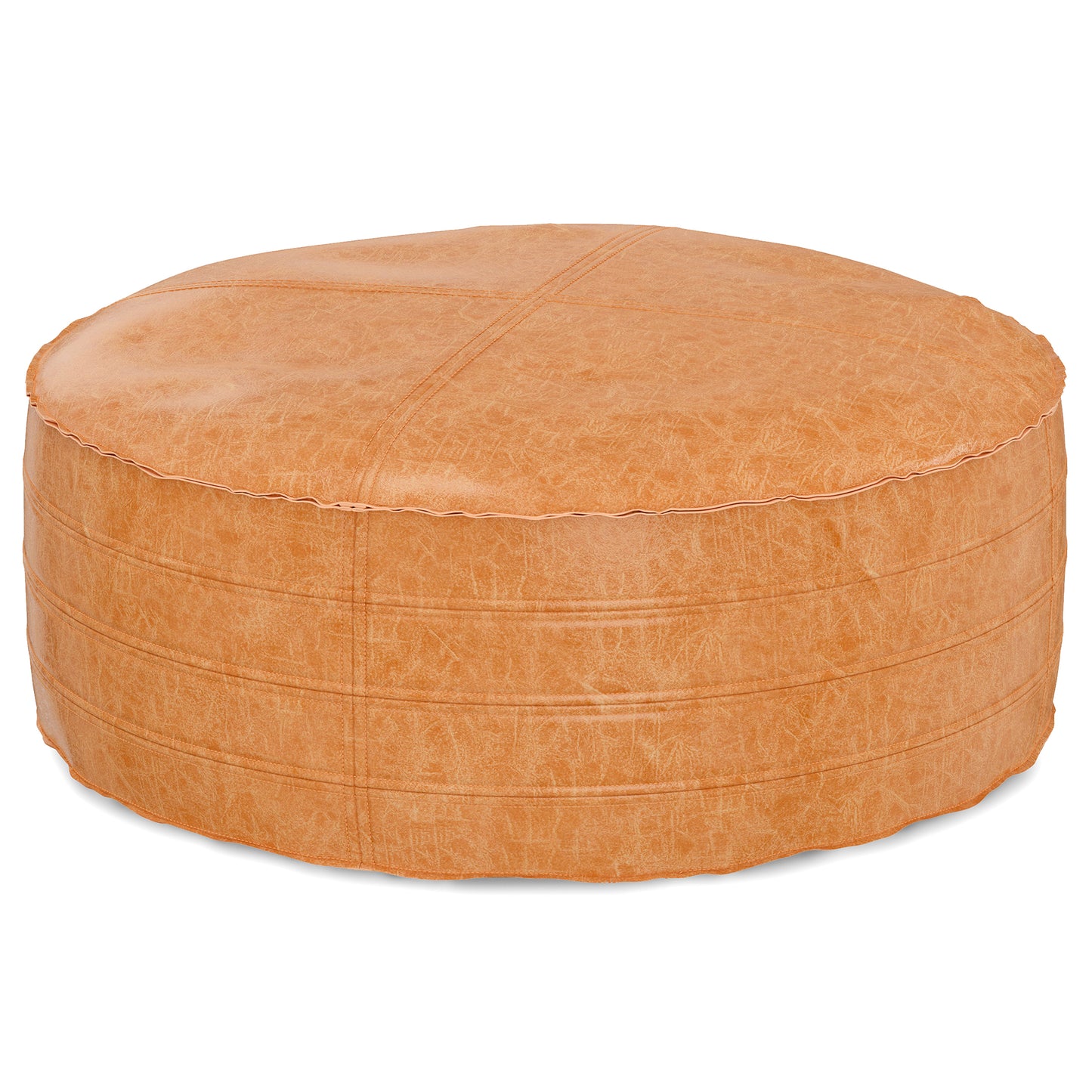 Brody 32 inch Wide Round Coffee Table Pouf in Distressed Brown Vegan Leather