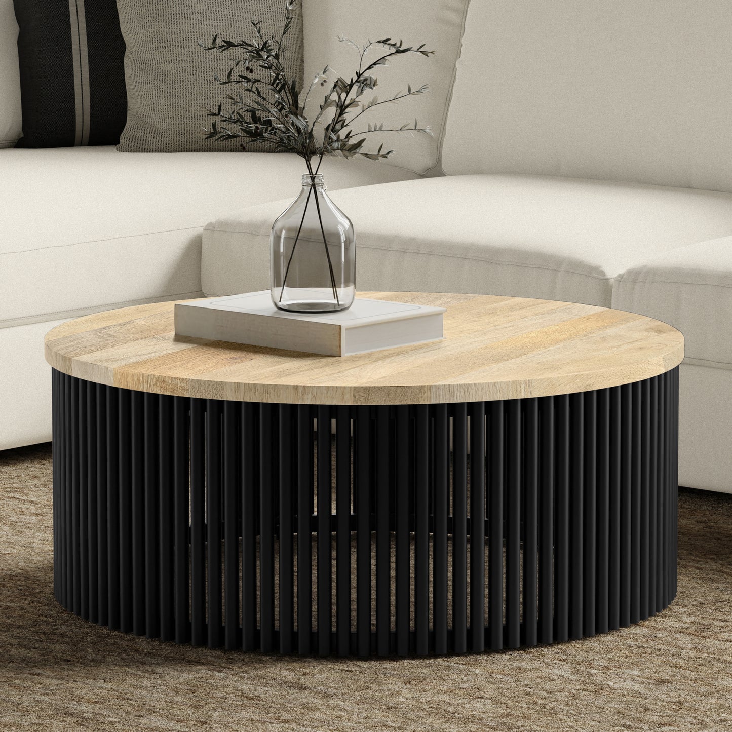 Demy 35 inch Wide Solid Mango Wood Coffee Table in Natural, Black