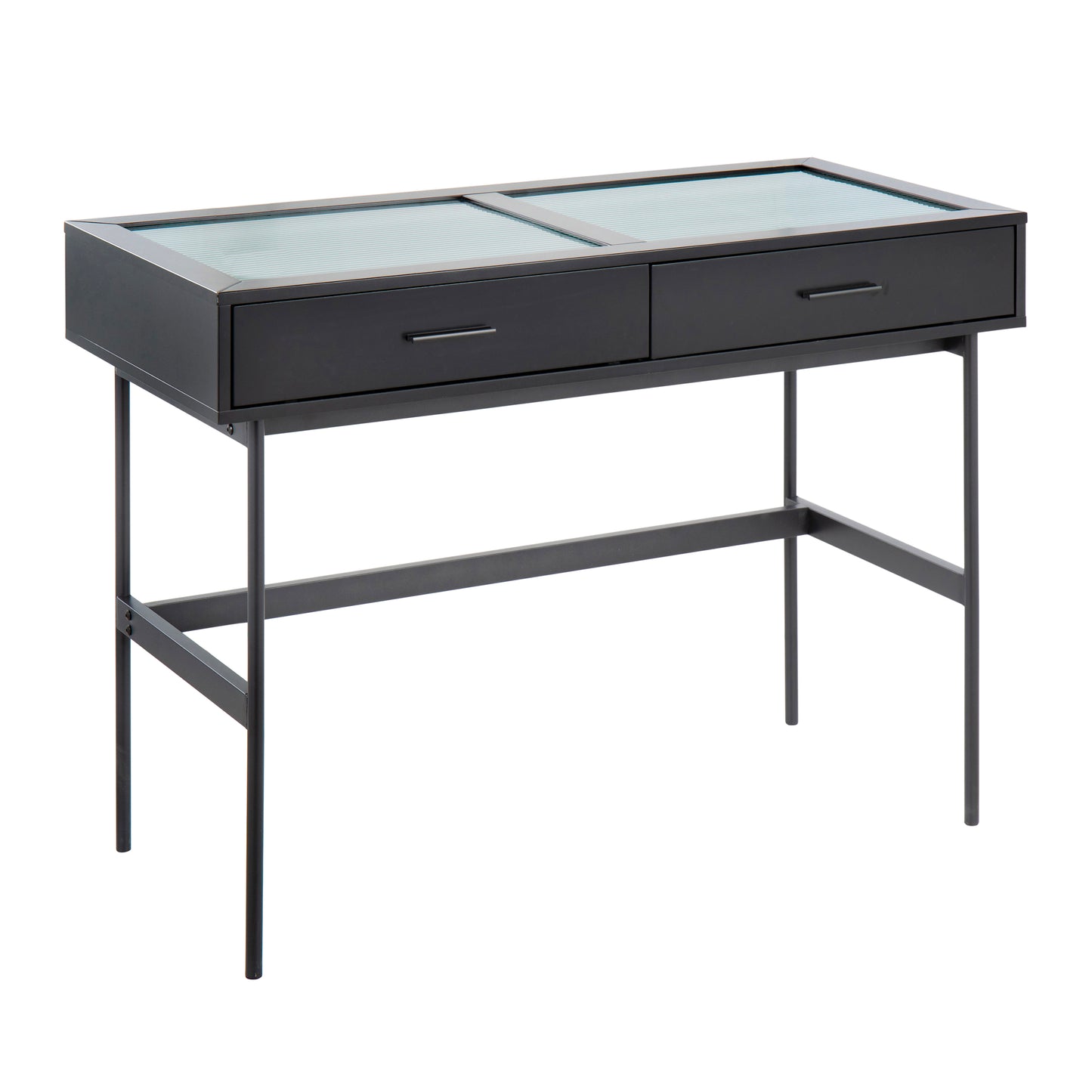 Contemporary Console Table in Black Wood, Black Steel, and Glass Top