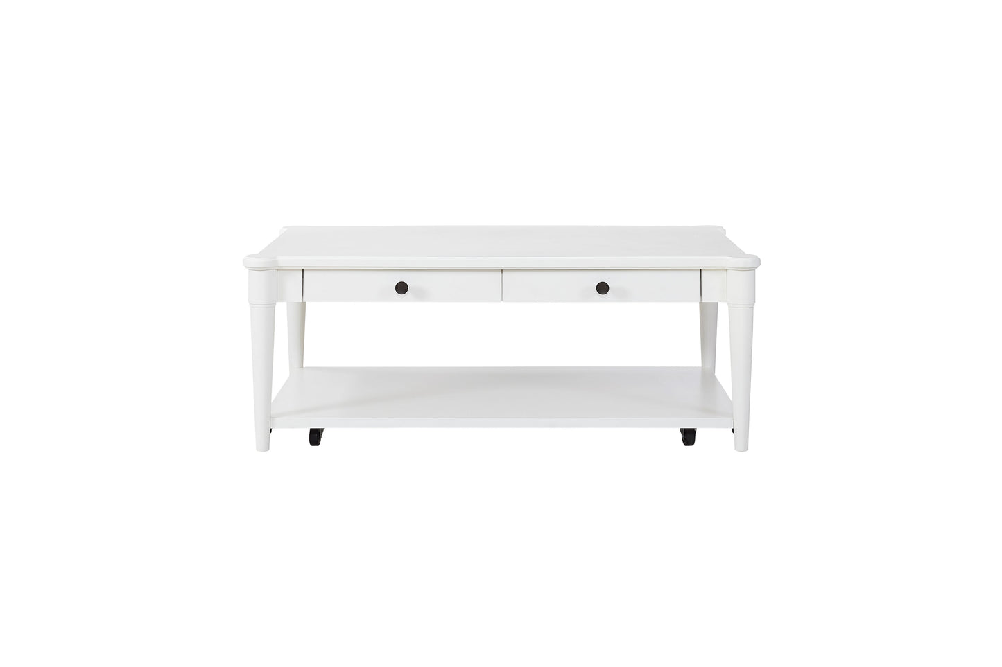 White Finished Cocktail Table With Two Storage Drawers and Casters