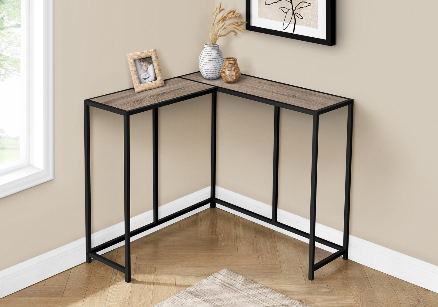 Accent Table, Console, Entryway, Narrow, Corner, Living Room, Bedroom, Brown Laminate, Black Metal, Contemporary, Modern
