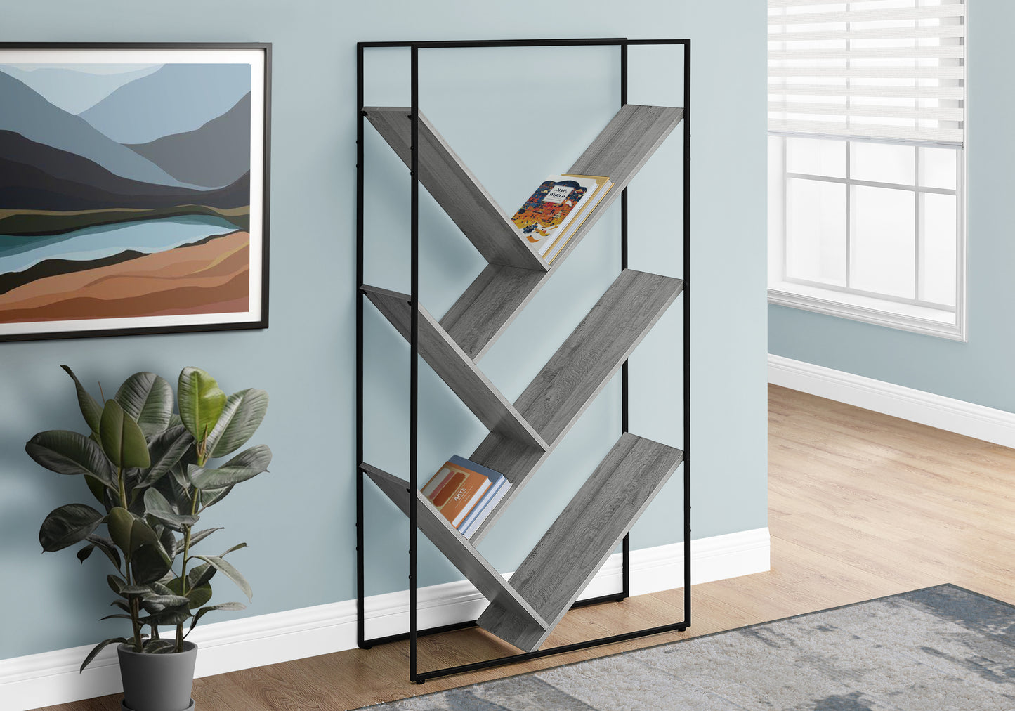 Bookshelf, Bookcase, Etagere, 3 Tier, 60"h, Office, Bedroom, Grey Laminate, Black Metal, Contemporary, Modern