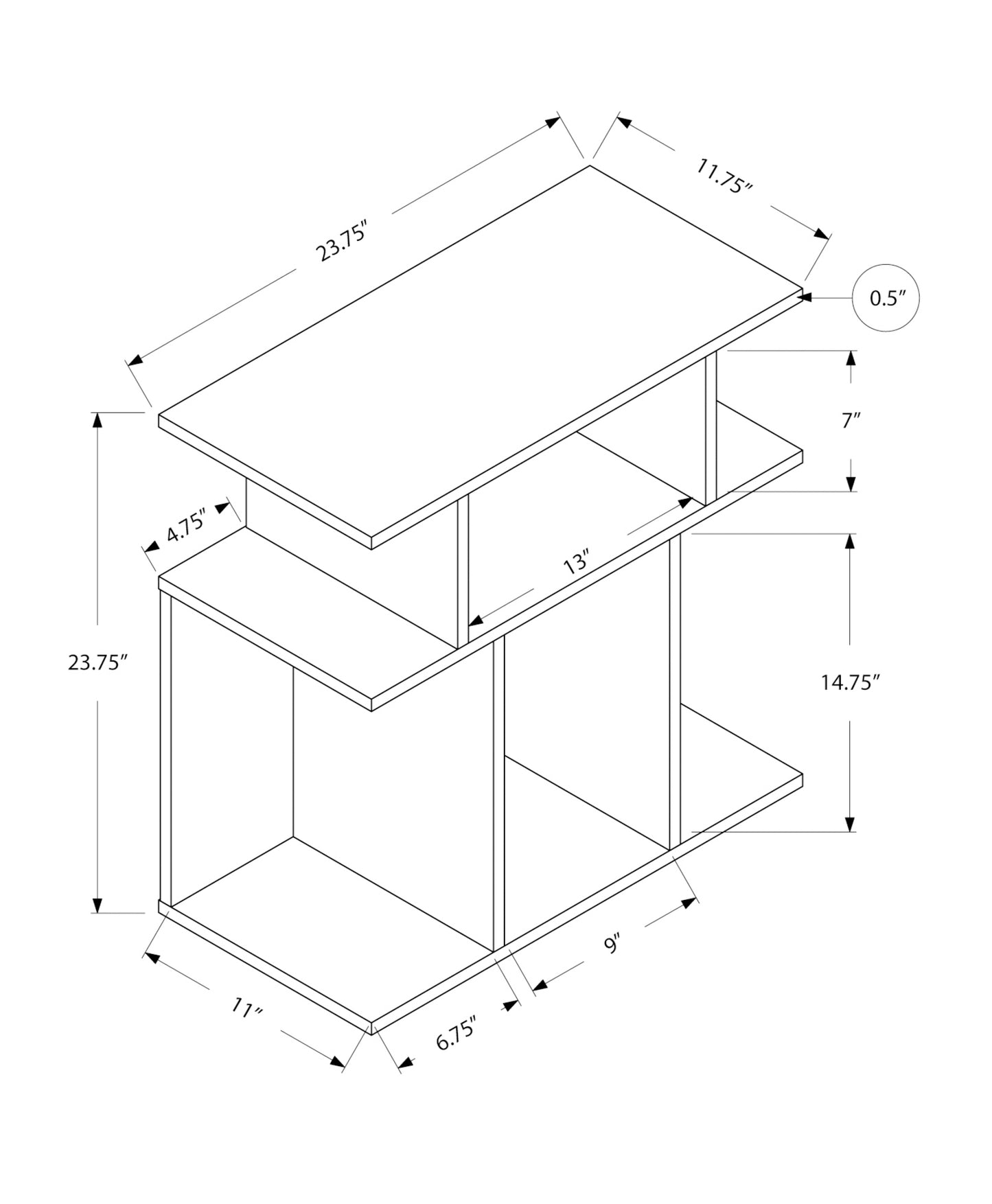 Black Accent Table - 23.75" Side Table with Shelves for Living Room