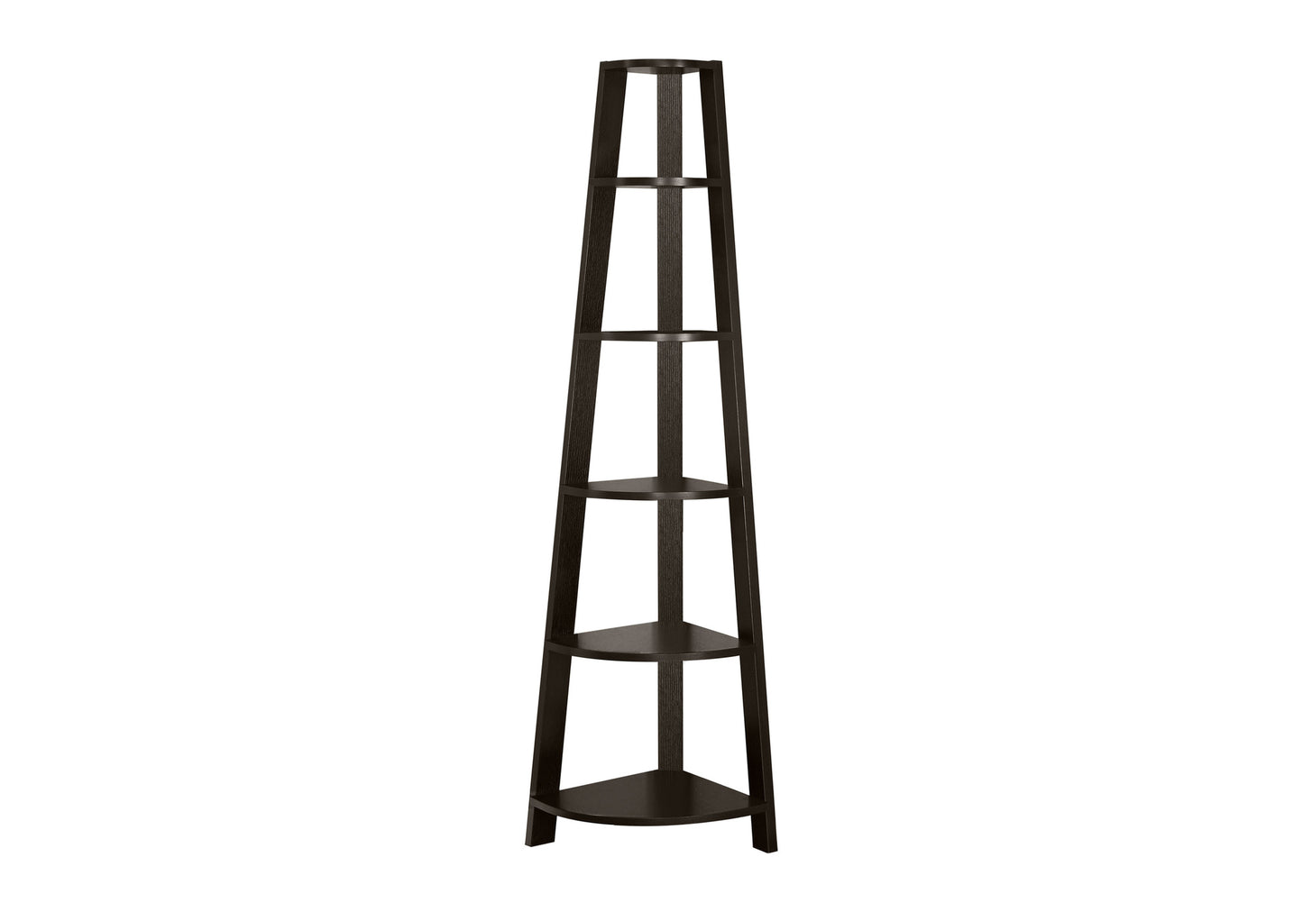 Bookshelf, Bookcase, Etagere, Corner, 5 Tier, 72"h, Office, Bedroom, Brown Laminate, Contemporary, Modern