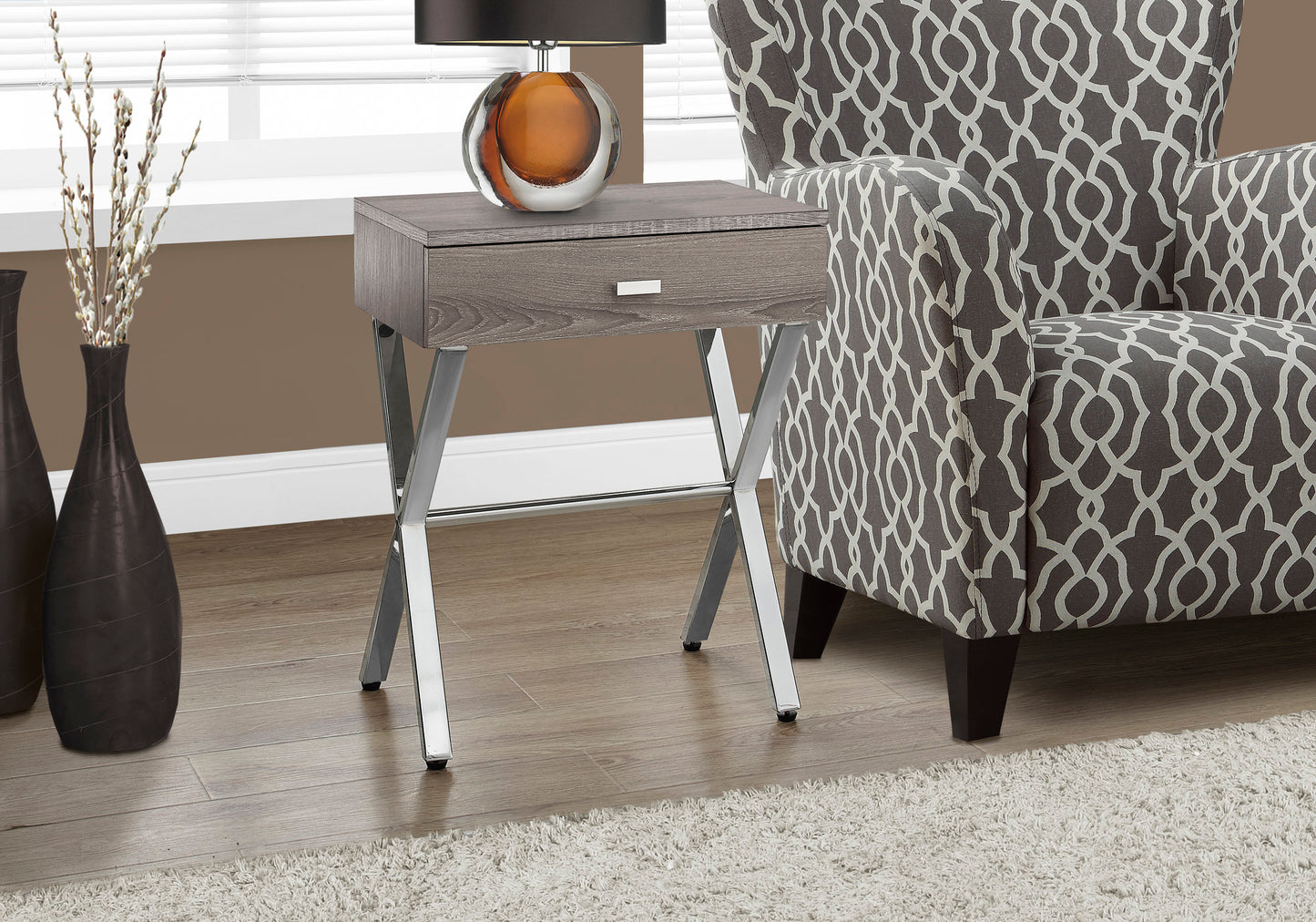 Accent Table, Side, End, Nightstand, Lamp, Storage Drawer, Living Room, Bedroom, Brown Laminate, Chrome Metal, Contemporary, Modern