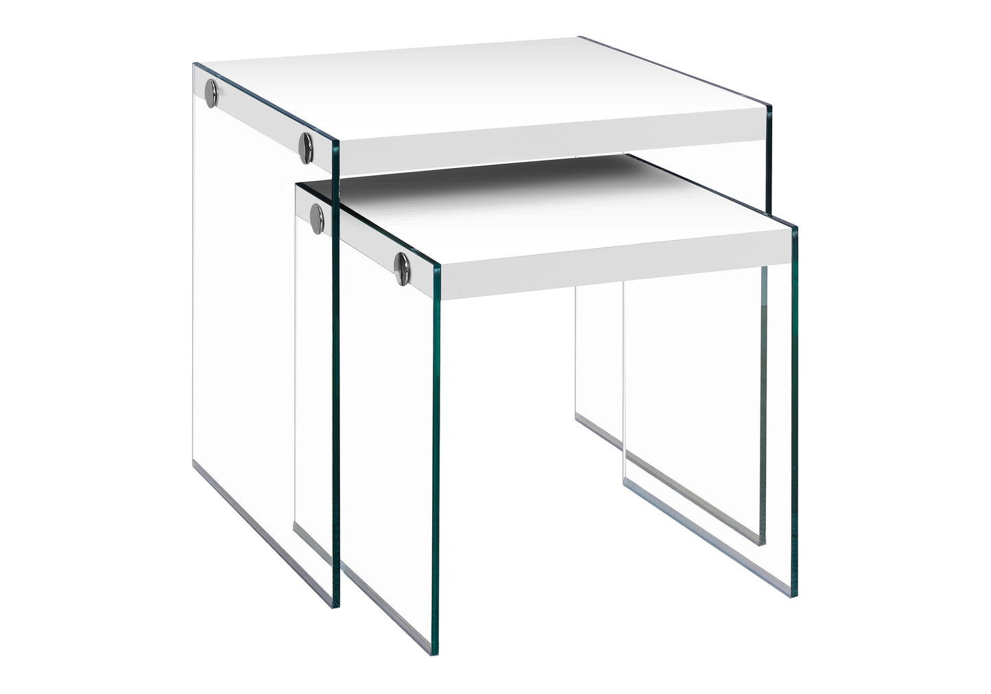 Nesting Table, Set Of 2, Side, End, Accent, Living Room, Bedroom, Glossy White Laminate, Clear Tempered Glass, Contemporary, Modern