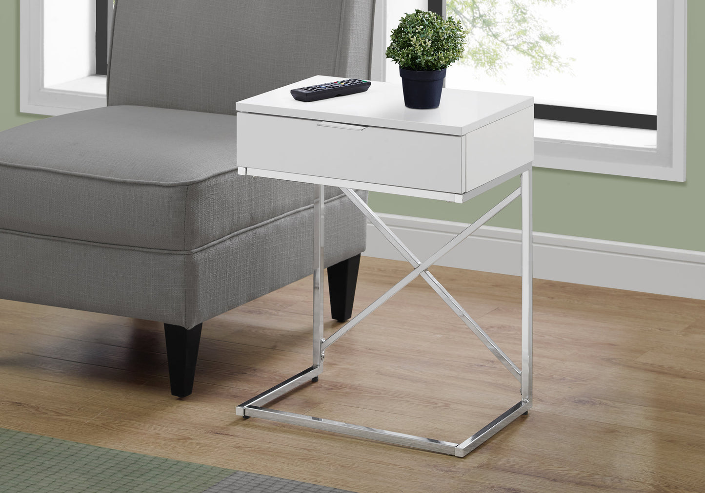 Accent Table, Side, End, Nightstand, Lamp, Storage Drawer, Living Room, Bedroom, Glossy White Laminate, Chrome Metal, Contemporary, Modern