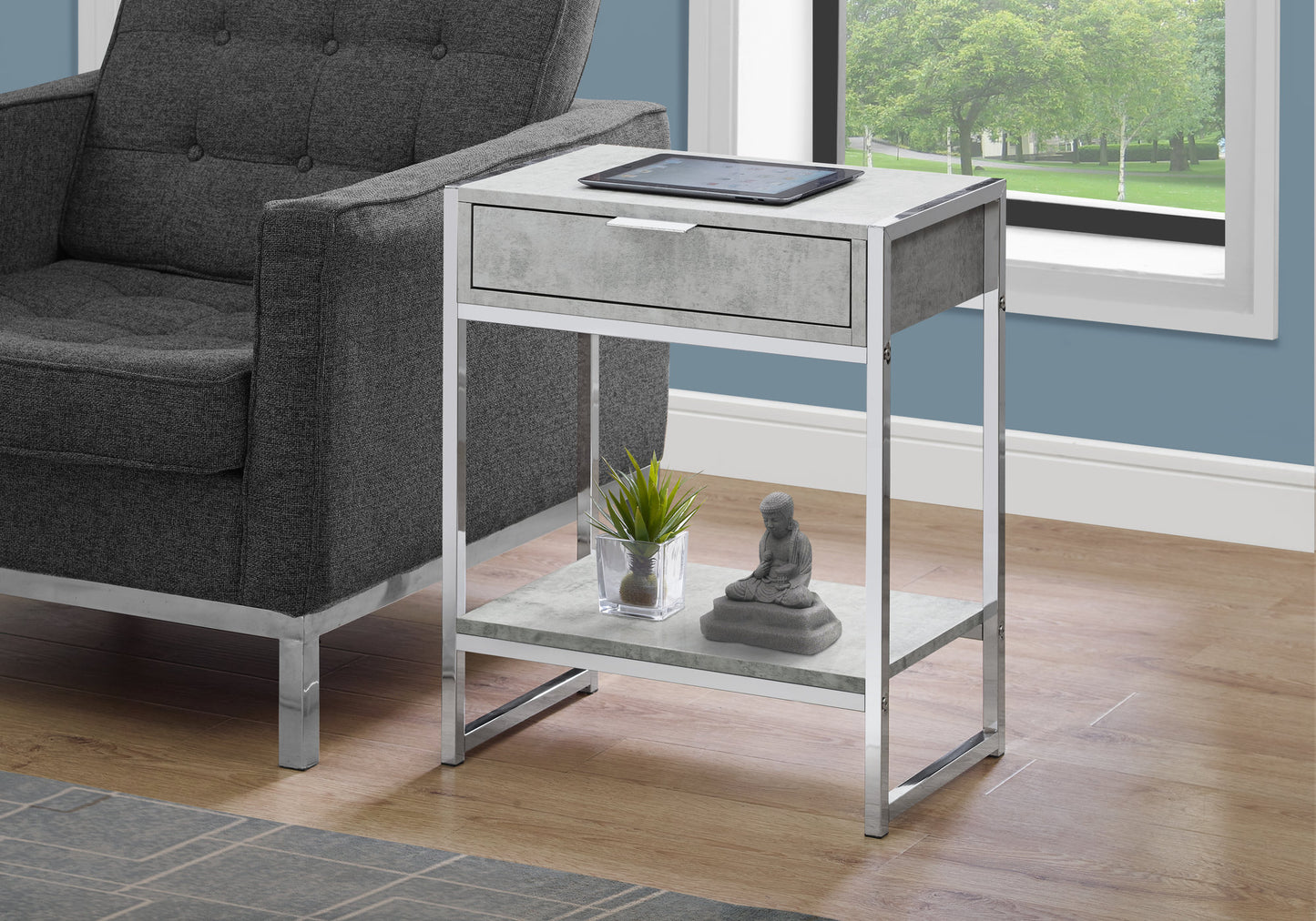 Accent Table, Side, End, Nightstand, Lamp, Storage Drawer, Living Room, Bedroom, Grey Laminate, Chrome Metal, Contemporary, Modern