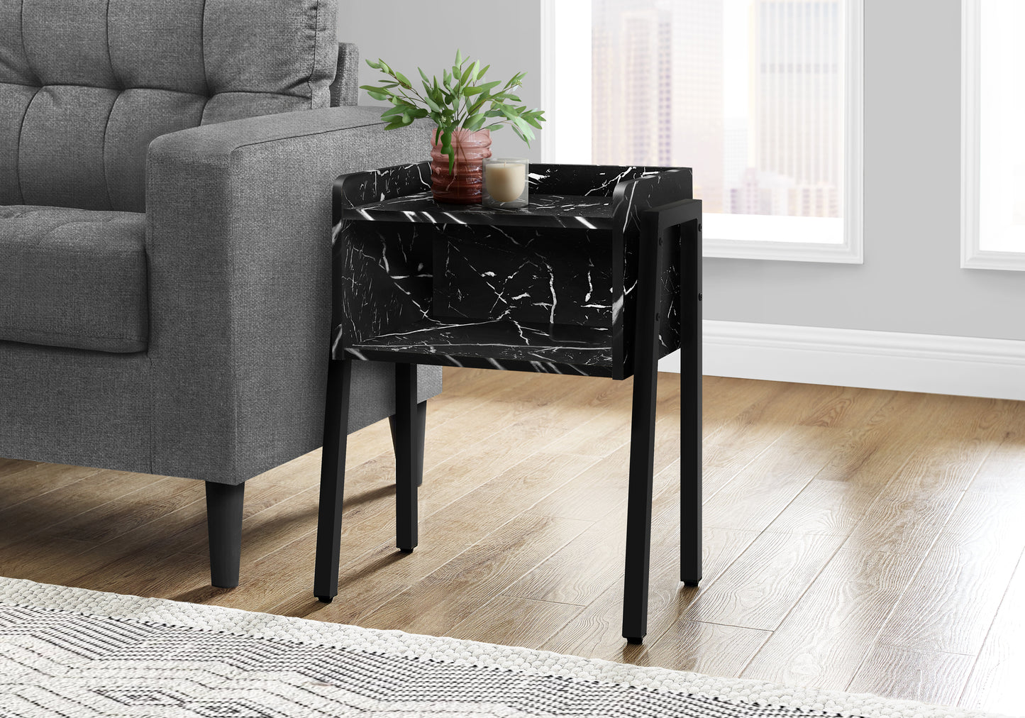 Accent Table, Side, End, Nightstand, Lamp, Living Room, Bedroom, Black Marble Look Laminate, Black Metal, Contemporary, Modern