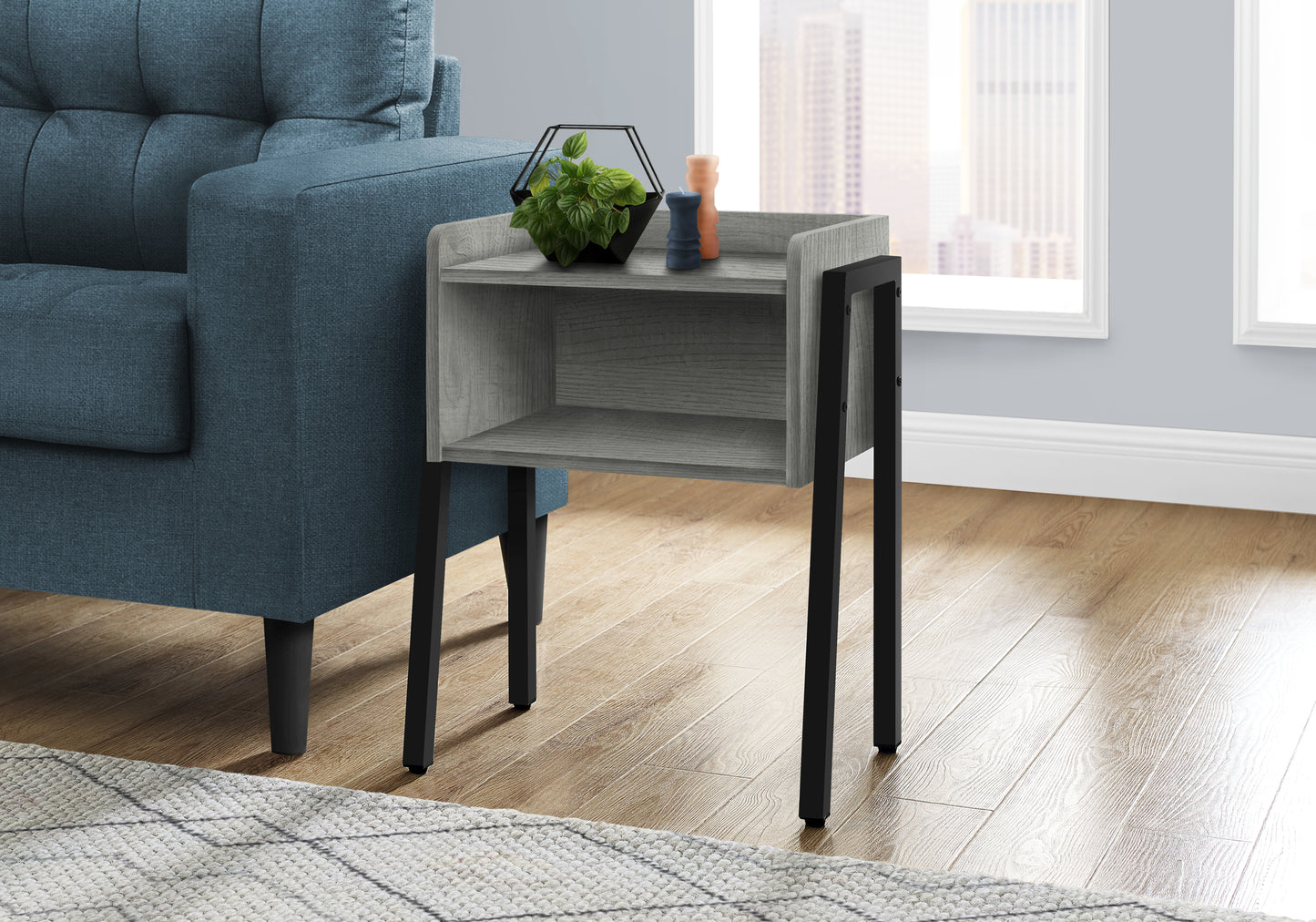 Accent Table, Side, End, Nightstand, Lamp, Living Room, Bedroom, Grey Laminate, Black Metal, Contemporary, Modern