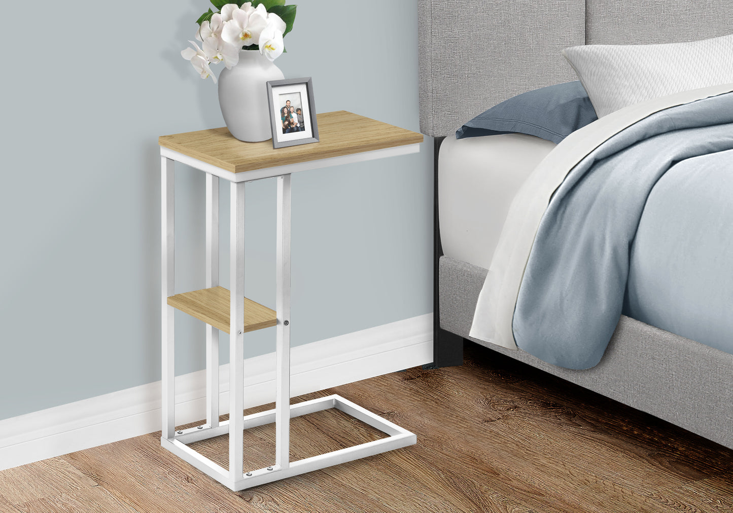 Accent Table, C-shaped, End, Side, Snack, Living Room, Bedroom, Natural Laminate, White Metal, Contemporary, Modern