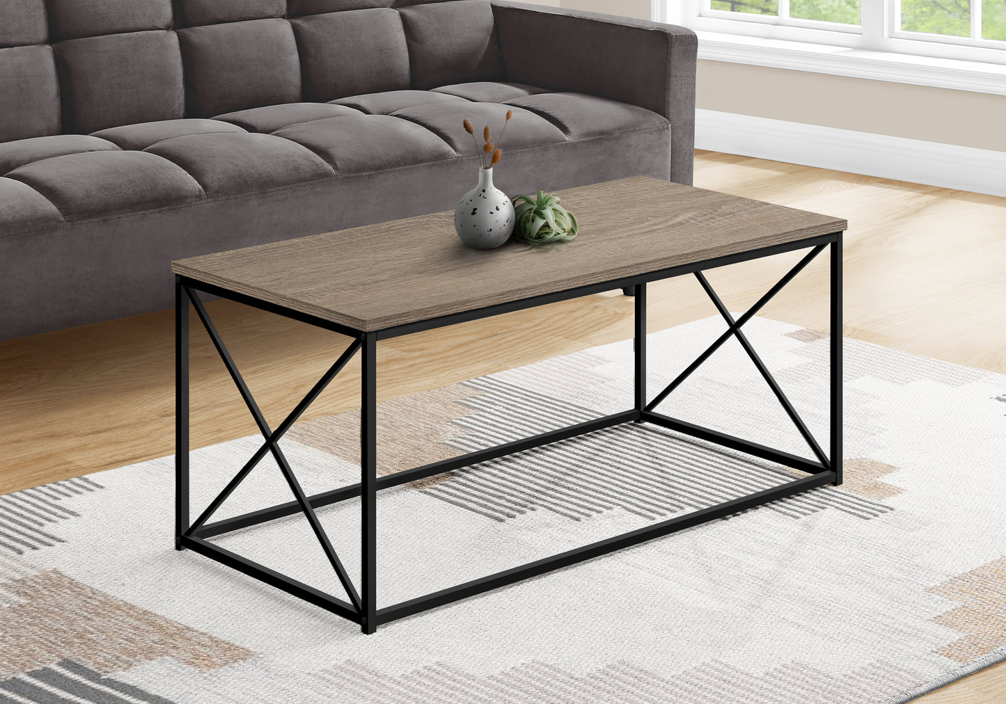 Coffee Table, Accent, Cocktail, Rectangular, Living Room, 40"l, Brown Laminate, Black Metal, Contemporary, Modern