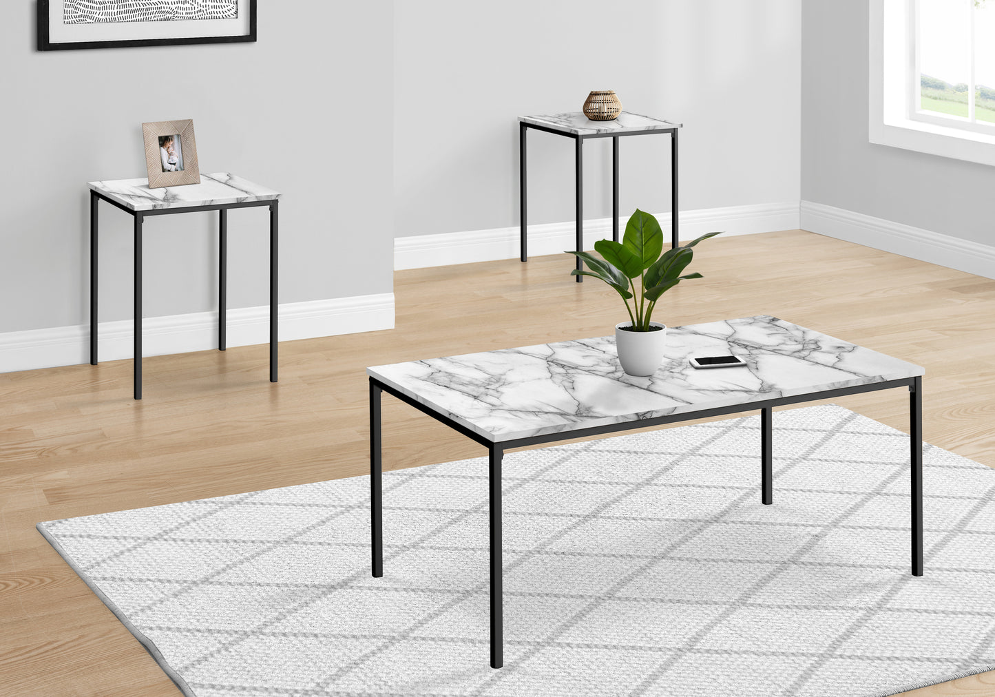 Table Set, 3pcs Set, Coffee, End, Black Metal, White Marble Look Laminate, Contemporary, Modern