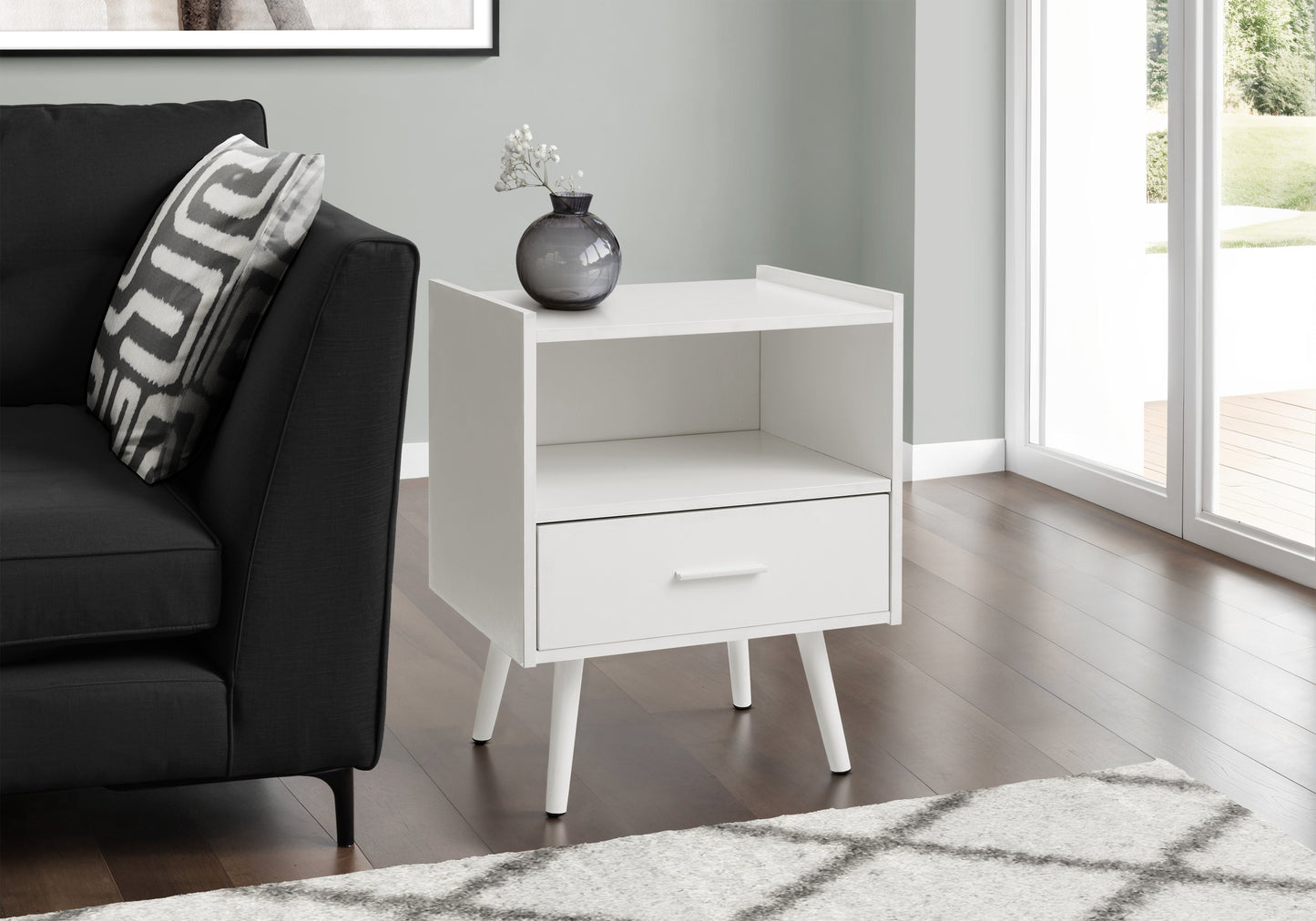 Accent Table, Side Table, End, Storage Drawer, Nightstand, Bedroom, Living Room, White Laminate, Contemporary, Modern