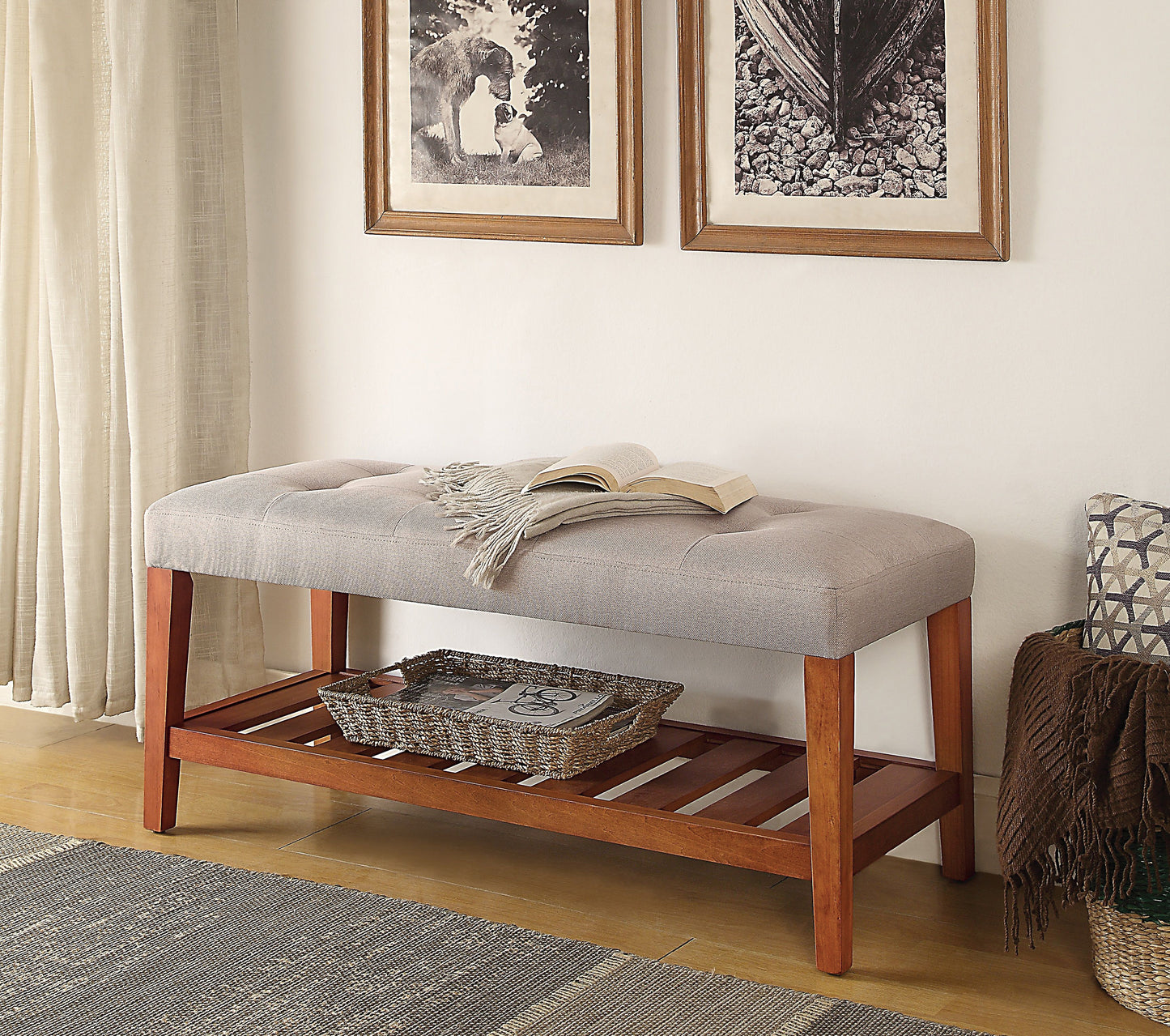 Charla Light Gray Fabric & Oak Finish Bench