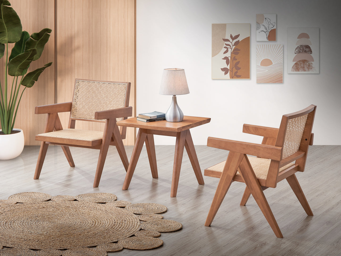 3-Piece Solid Wood Accent Chair Set and Matching End Table for Living Room or Balcony