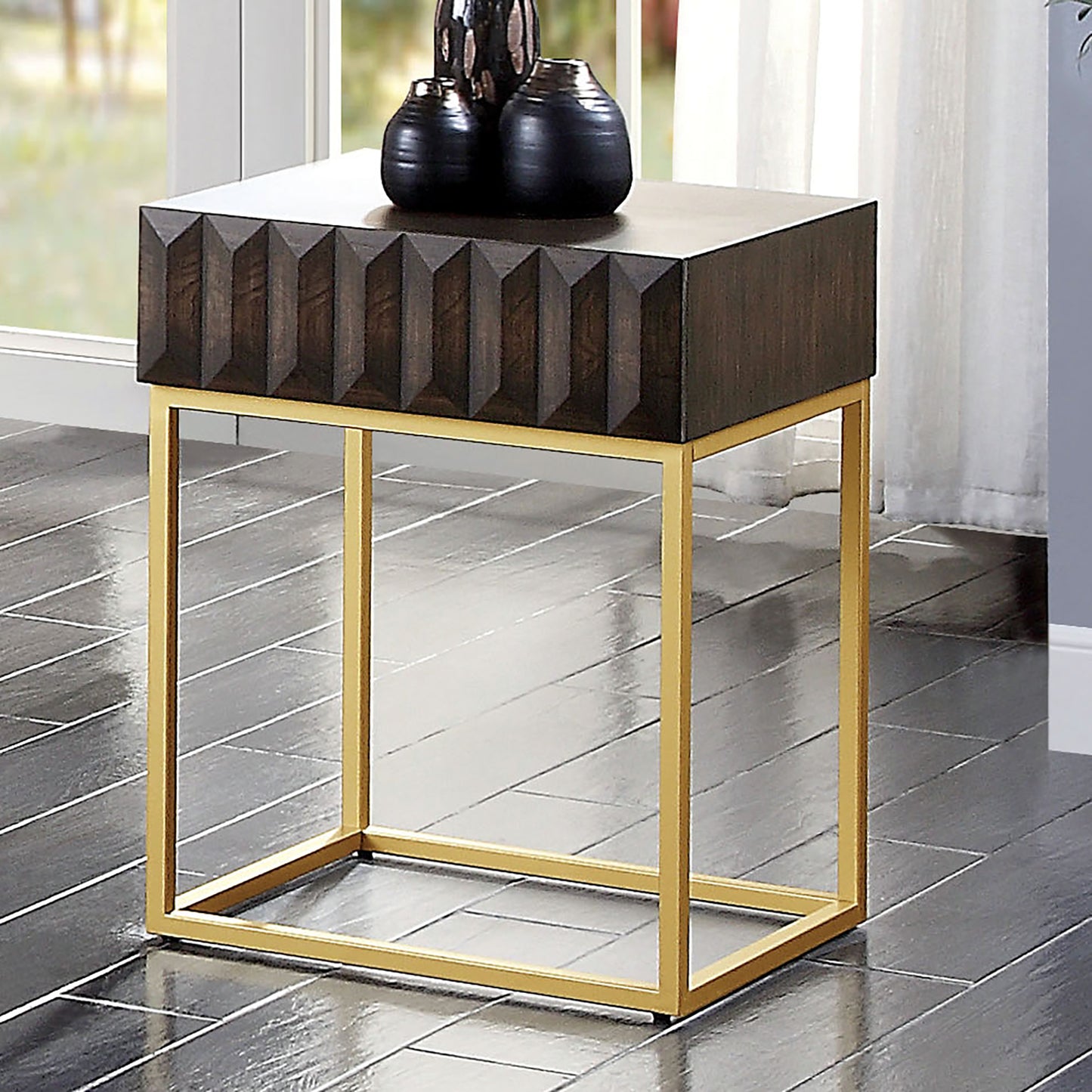 Contemporary Style Side Table Metal Structure Conceal Drawers Gold Steel legs Walnut And Gold Finish Ball Bearing Glides Texture Panel Coffee Table-Not Included