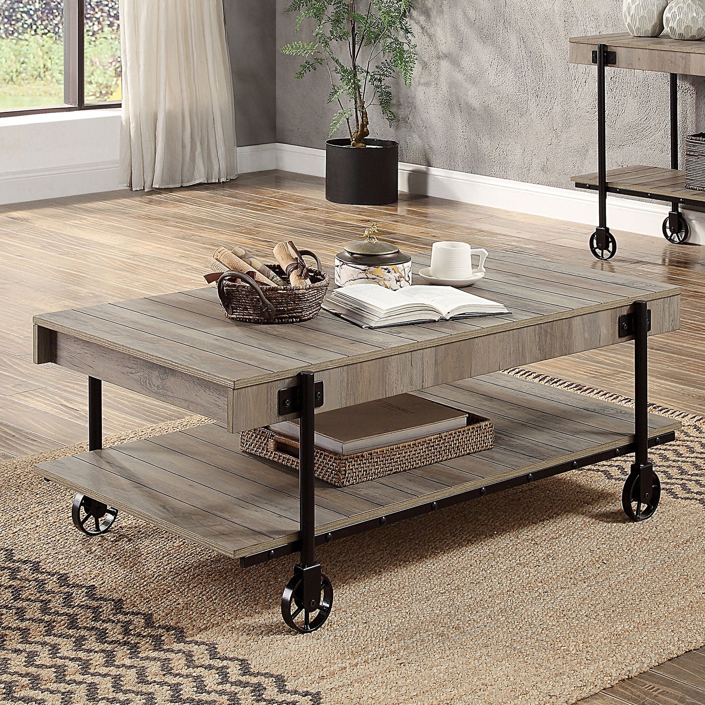 Industrial Style 1pc Coffee Table Open Bottom Shelf Replicate Wood Wheel Legs Slat Design Natural Tone And Black Finish