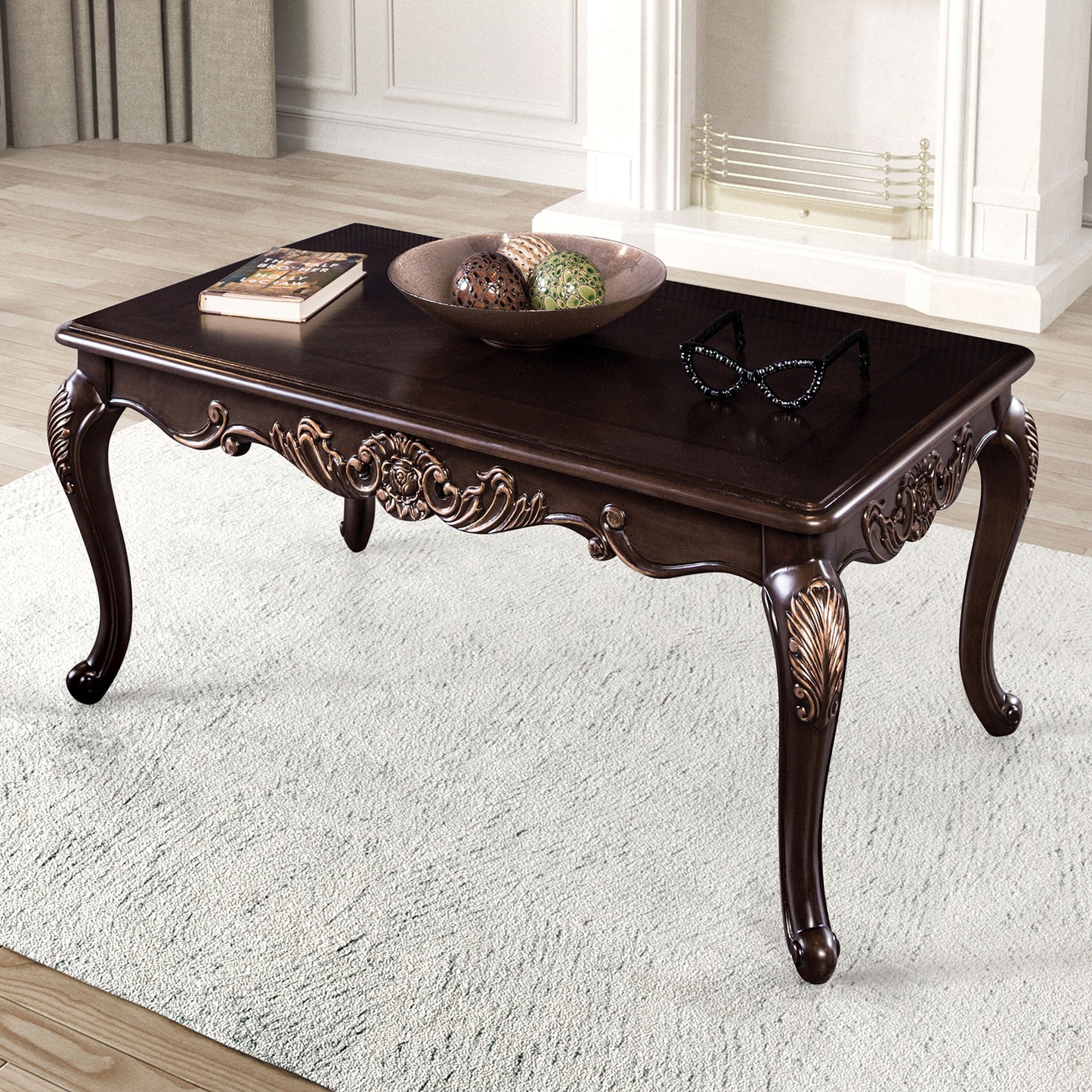 1pc Rectangle Coffee Table Traditional Style Curved Shape Legs Solid Wood Structure Carved Design With Gold Highlight Dark Cherry Finish