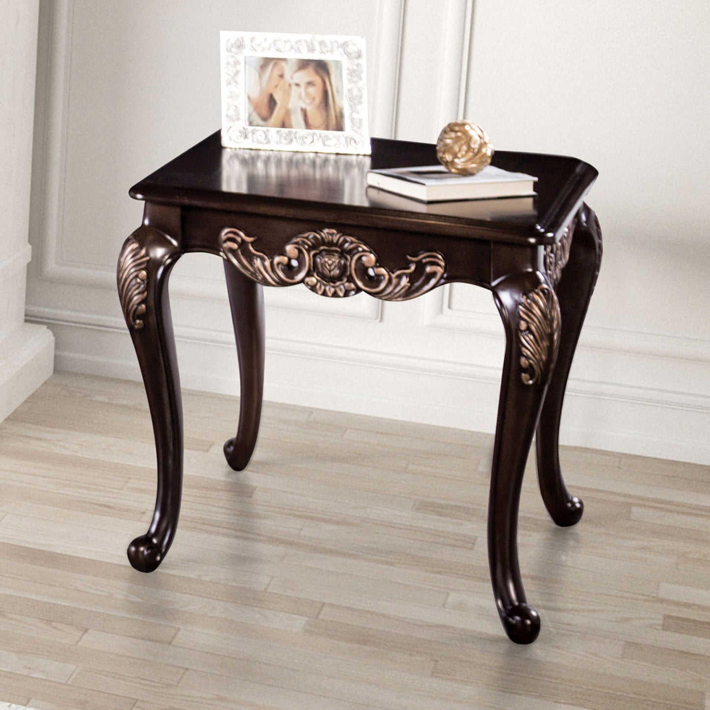 Traditional Style 1pc Square End Table Solid Wood Structure Curve Legs Gold Finish Carved Design Dark Cherry Finish