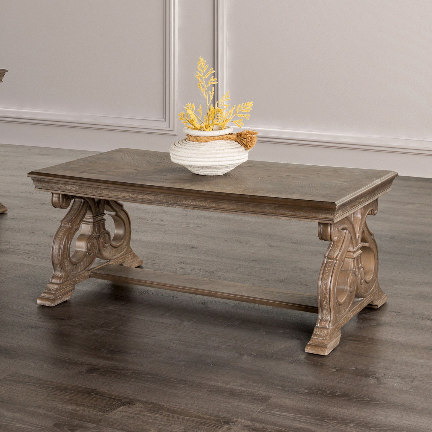 1pc Coffee Table Traditional Style Curved Scroll Legs Carved Design Weather Oak Finish