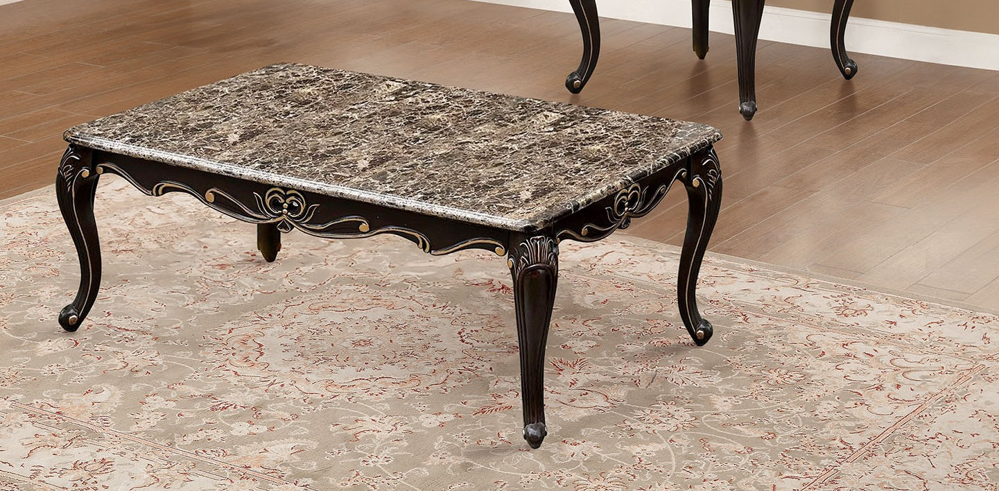 Transitional Style Coffee Table Marble Top Cabriole Legs Golden Highlight Curved Details Dark Walnut Finish