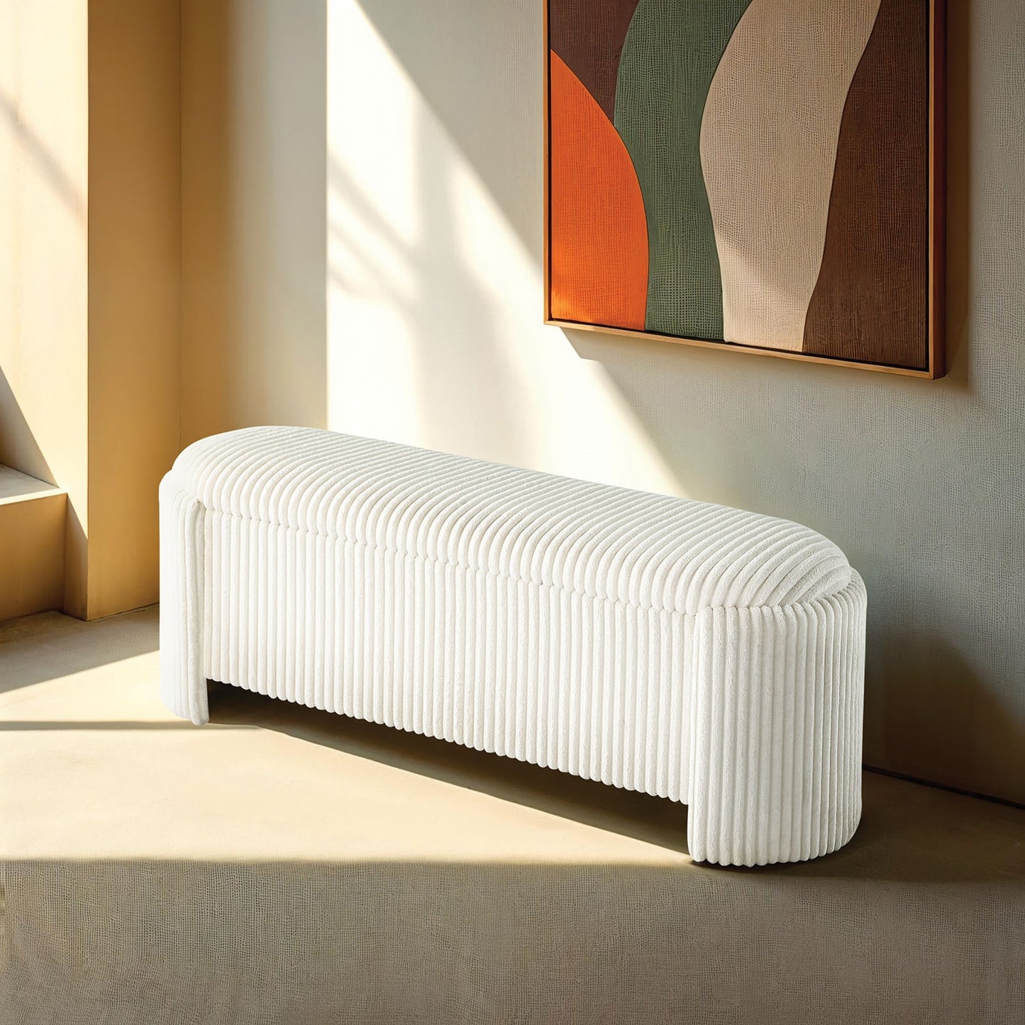 White Corduroy Storage Bench - Primary Living Space