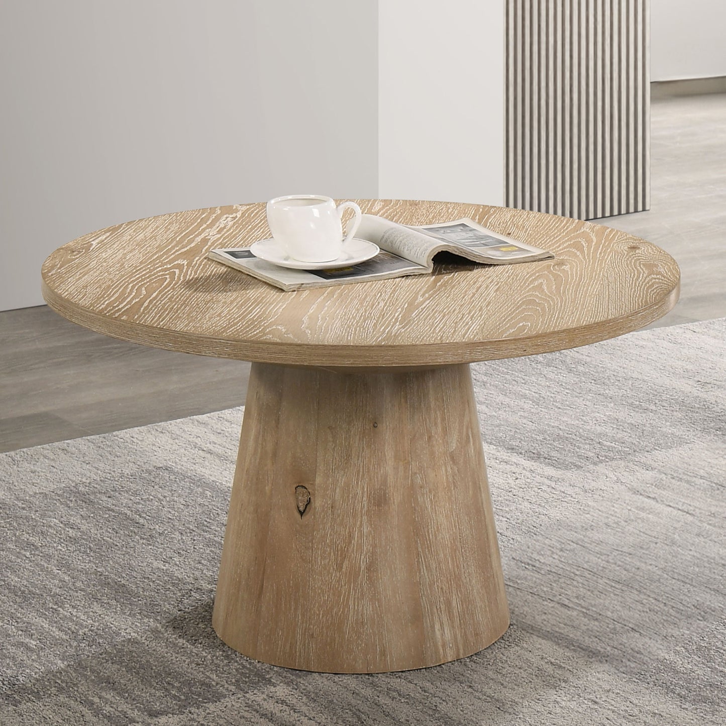 Contemporary Style Round Coffee Table With Cone Shape Pedestal Base Rubberwood Structure Oak Finish