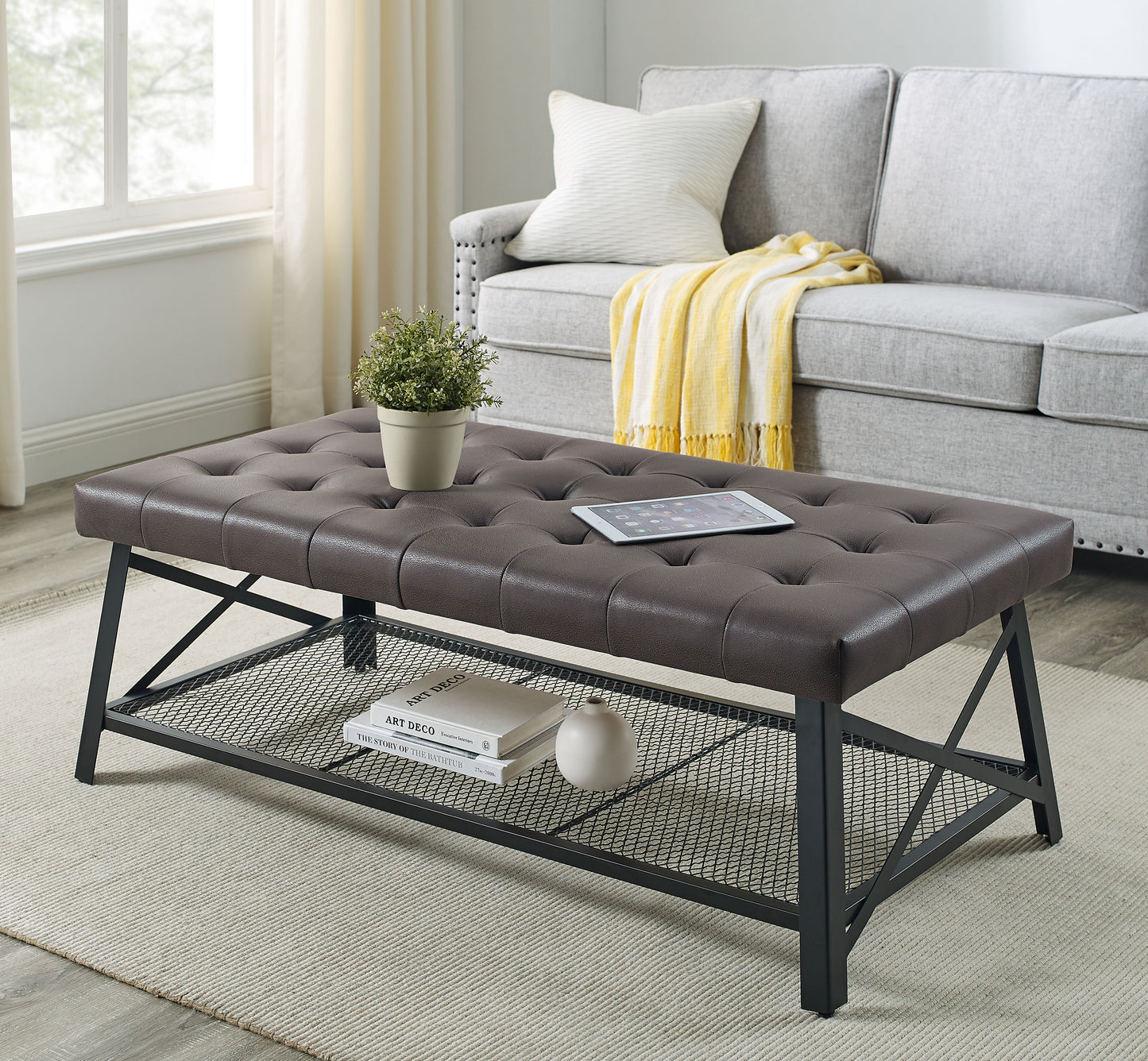 Tufted Faux Leather Like Upholstered Coffee Table
