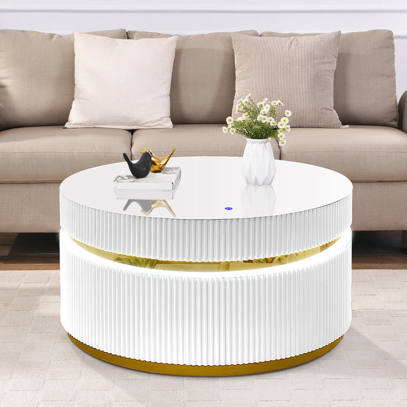 White Wood Glass Coffee Table with LED Lights