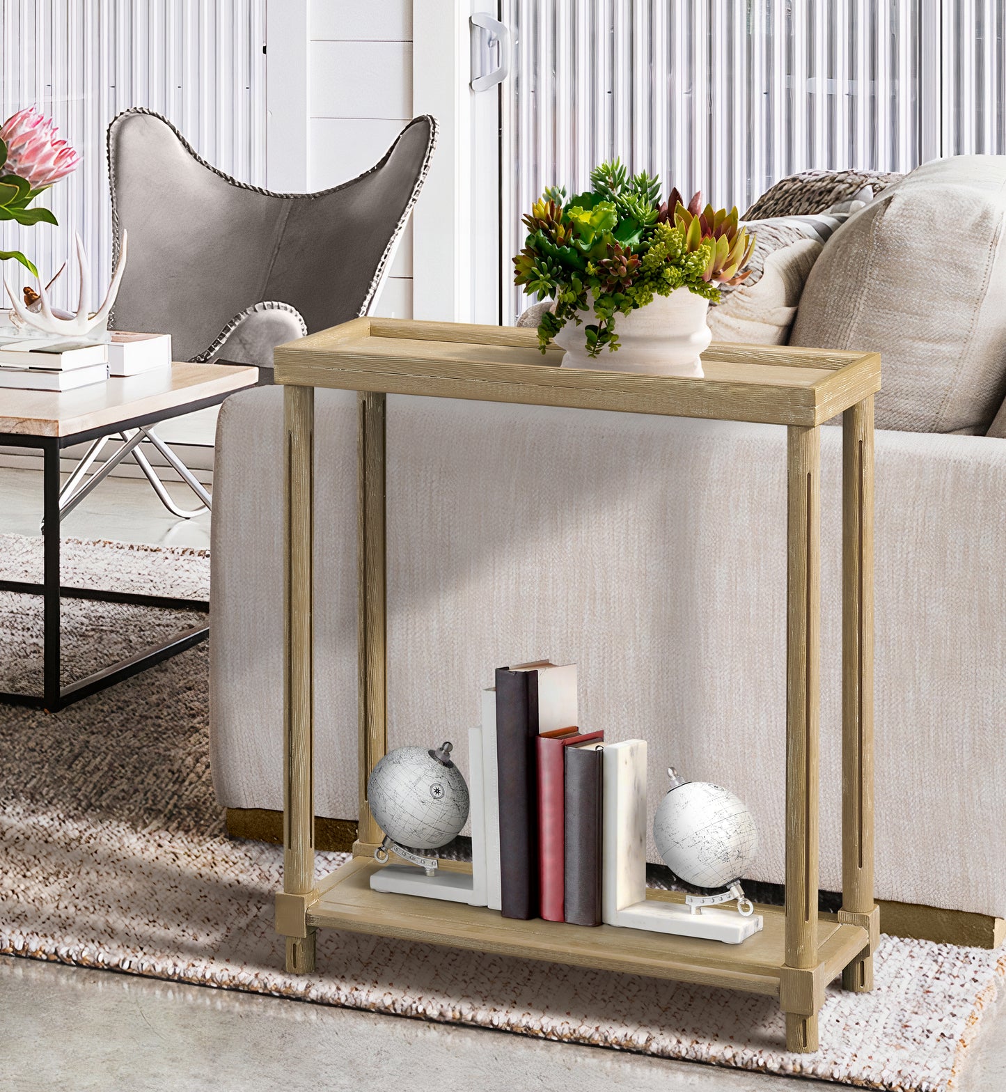 Narrow Side End Tables with Shelf, Set of 2, Distressed Oak