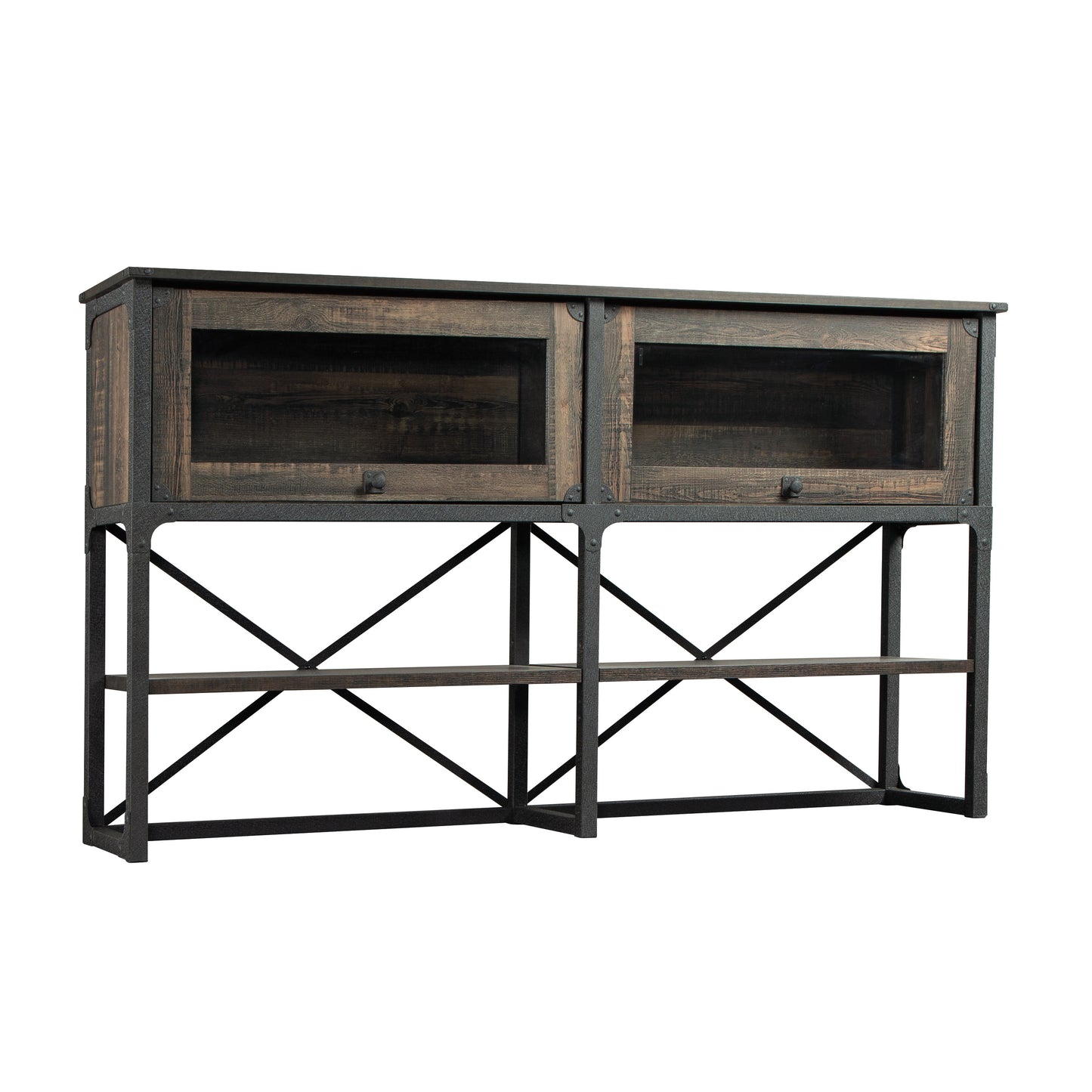 Hutch with Glass Doors and Adjustable Shelves, Brown finish