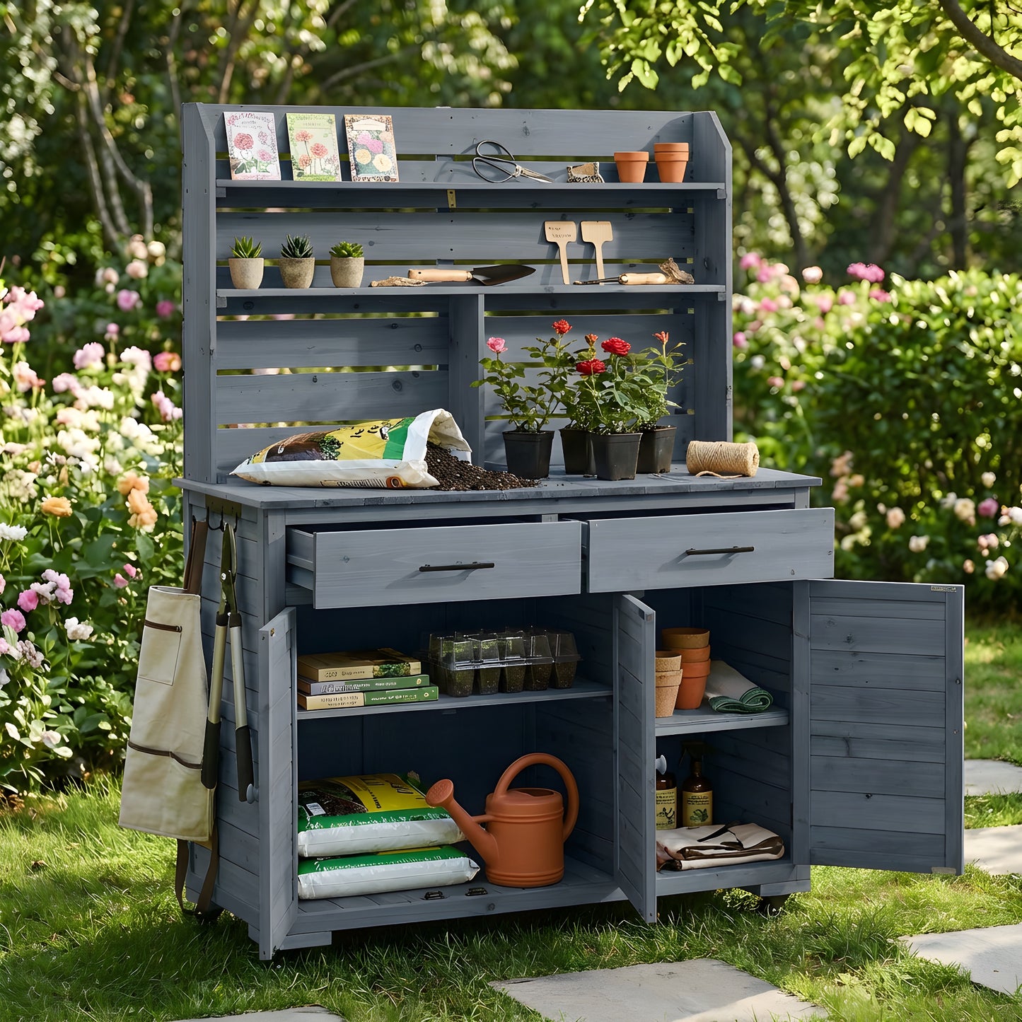 (Assembly Video) TOPMAX 65''H Large Garden Potting Bench with Lockable Wheels and Storage Cabinet, Wood Outdoor Kitchen Island Prep Cart with Hutch Top, Drawers and Removal Shelves for Grilling, Gray
