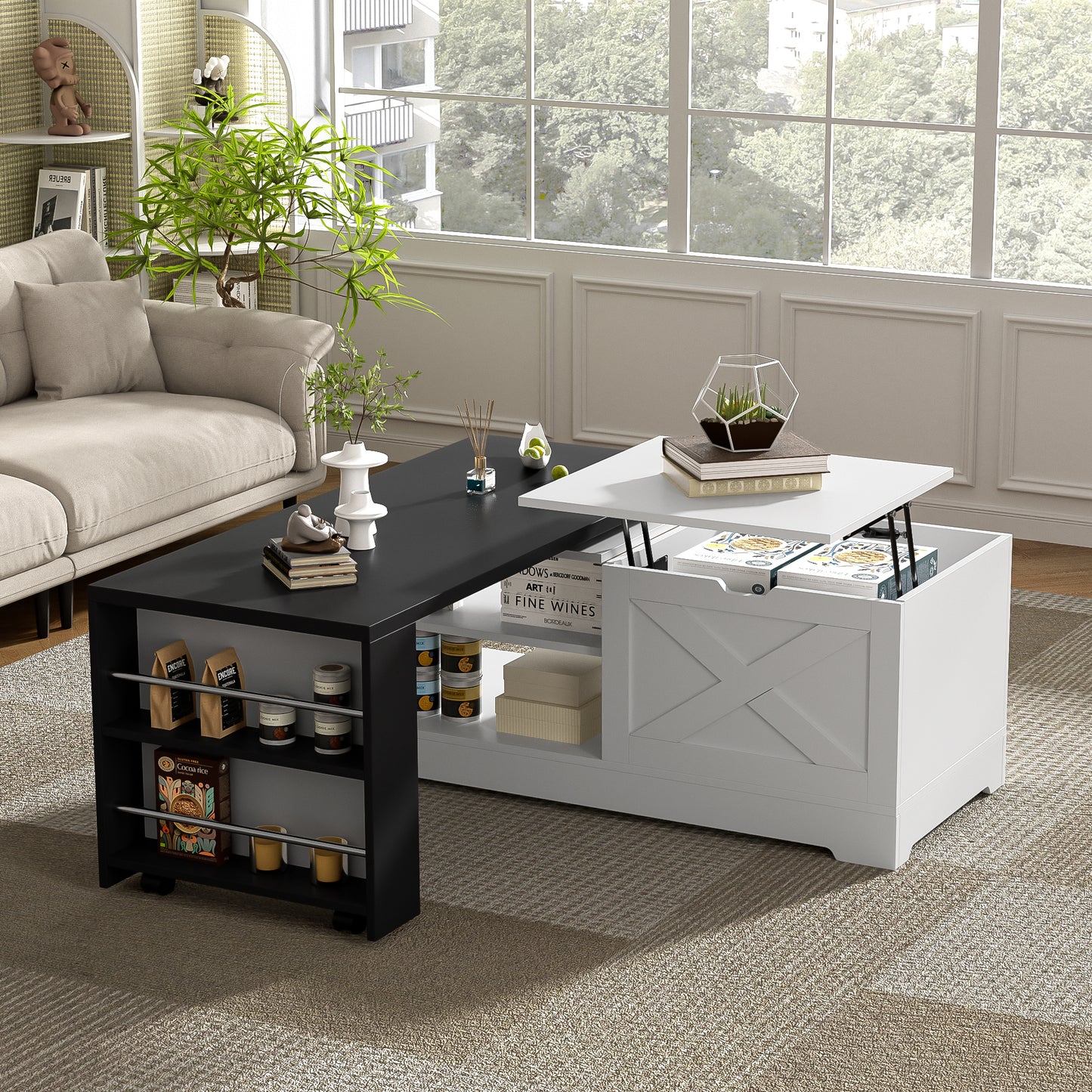 U-Can Farmhouse Lift Top Coffee Table With Barn Doors, Wood Rectangle Center Table With Large Hidden Storage Space And Open Cabinet, For Living Room, Bedroom, Home Office