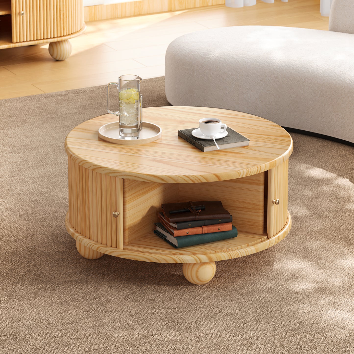 Round Fluted Coffee Table with Storage, Pine Solid Wood, Sliding Door, Natural, 31.8"