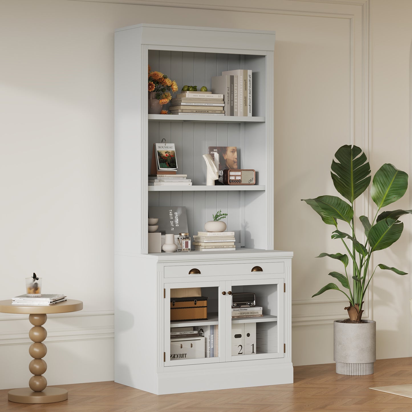 83.4"Tall Bookshelf, Modern Bookcase with 2 Glass Doors and 1 Drawer,Storage Bookcase with Open Shelves for Living Room,Home Office,White