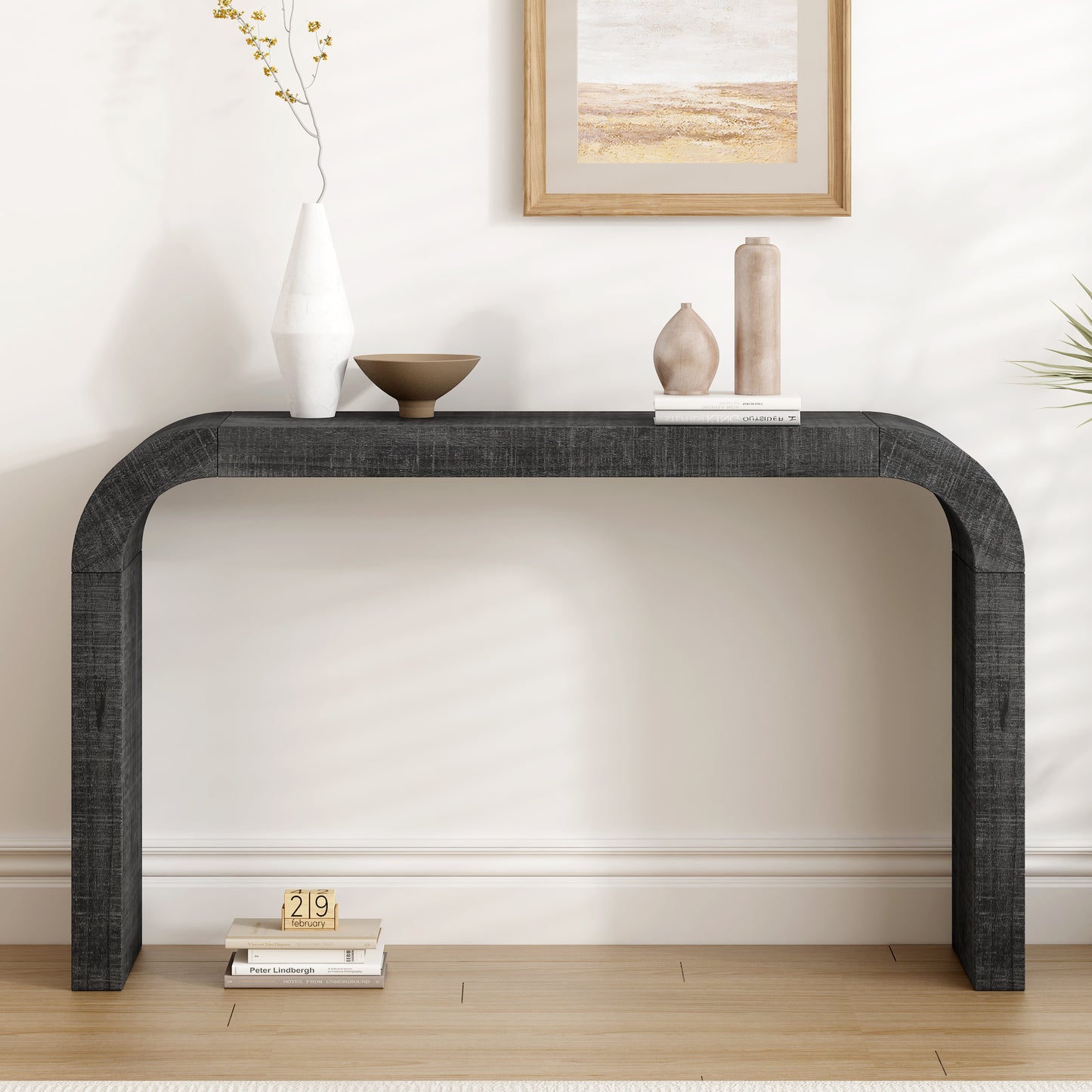 52" Wood Console Table with Curved Edge, Natural Texture, Perfect for Entryways and Living Rooms