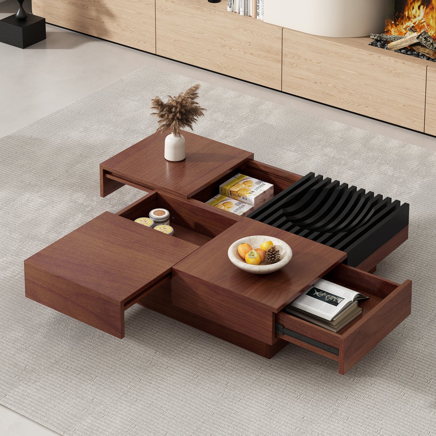 ITALIAN RETRO - INSPIRED ACACIA WOOD STORAGE COFFEE TABLE ,BROWN & BLACK COLOR
