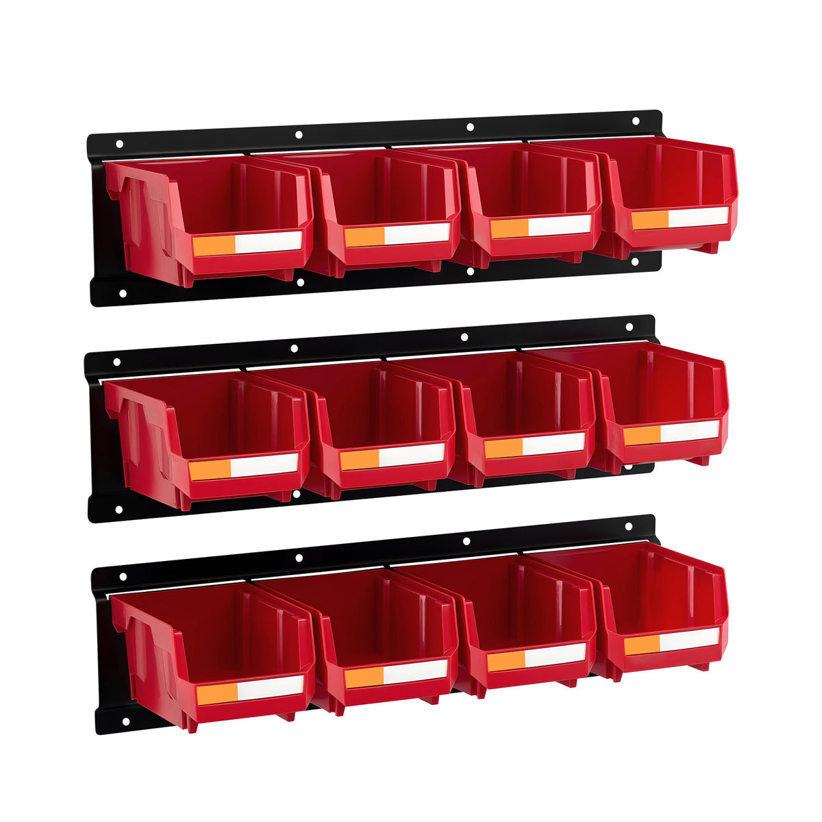 Red Polypropylene Wall Mounted Storage Bins - 12 Bins, 3 Rails for Living Room