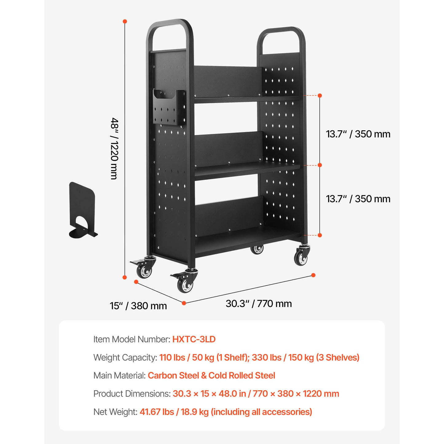 Large 3-Tier Rolling Book Cart - Black Carbon Steel for Living Room