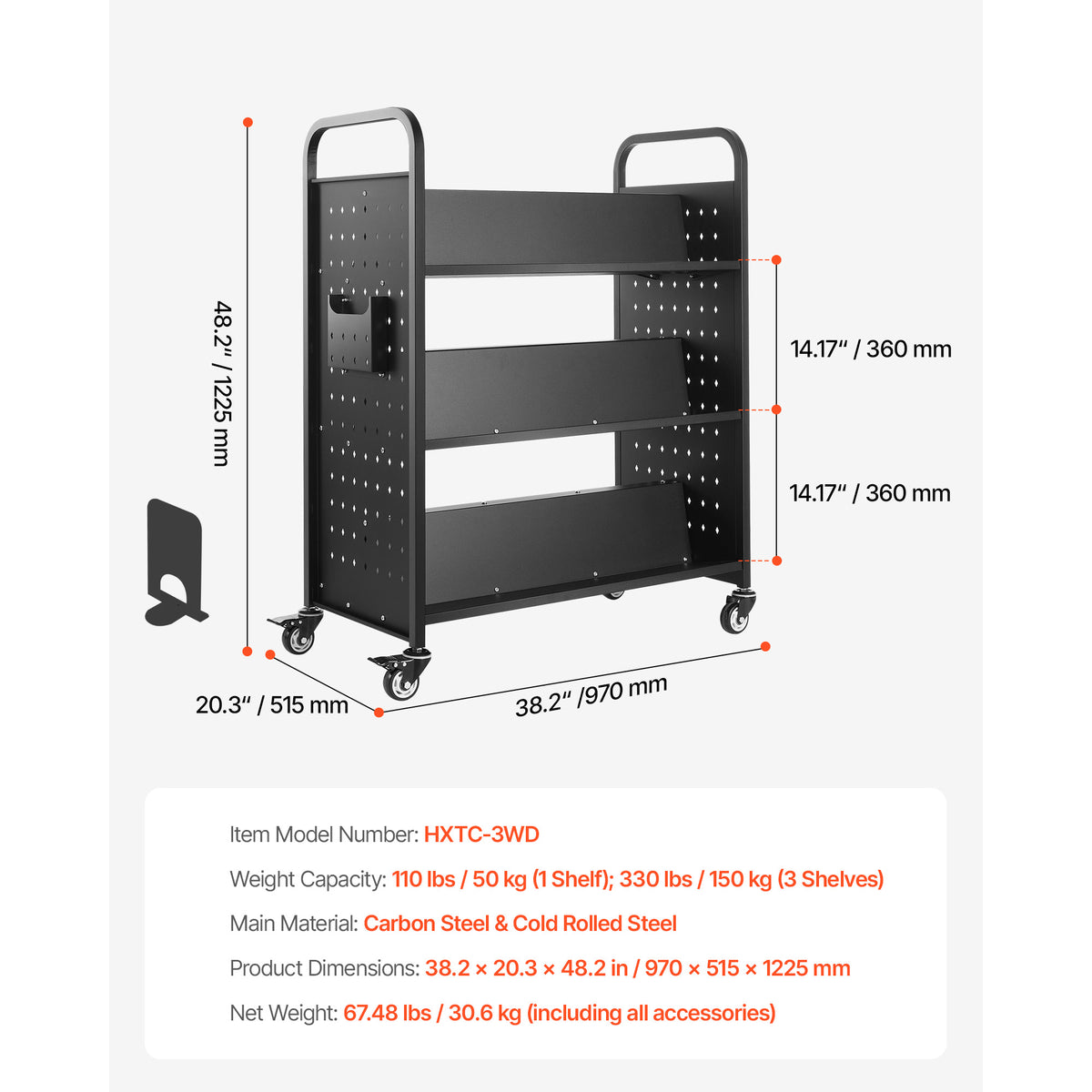 Large Black Rolling Book Cart - 3 Tier Storage Shelf