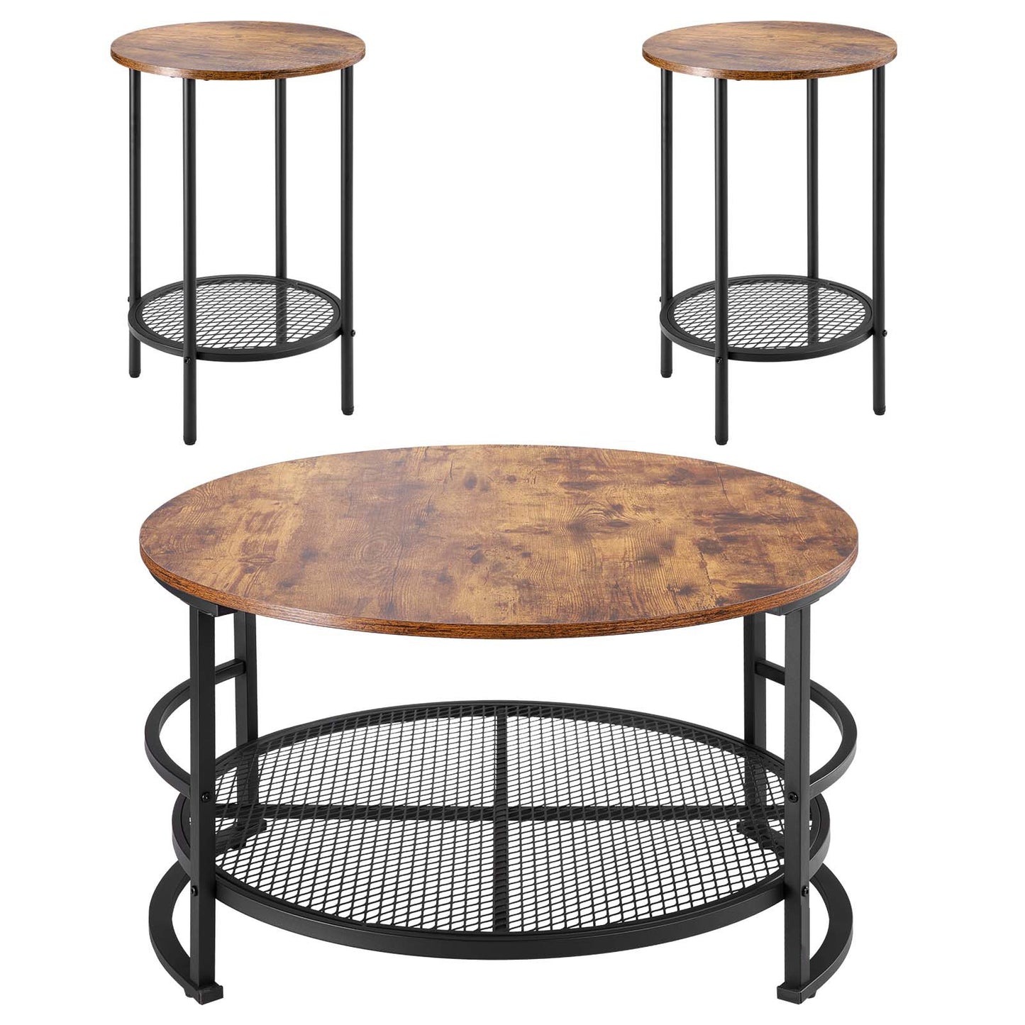 3 Pieces Round Coffee Table Sets, 31.5 in Industrial Living Room Table with 2 End Side Tables, Easy Assembly Coffee and End Tables Sets with Metal Legs, for Office, Living Room and Apartment