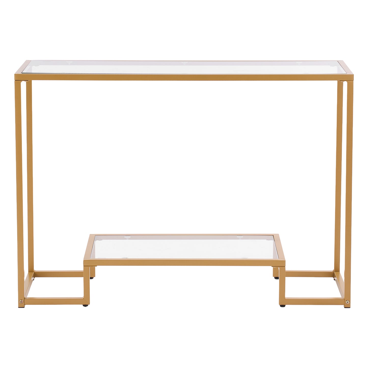 2-Tier Glass Console Table, Modern Rectangle Sofa Side Table with Tempered Glass Top and Iron Legs, Golden Consloe Desk with Anti-Tip Device for Living Room, Hallway, Entryway, Foyer, Golden