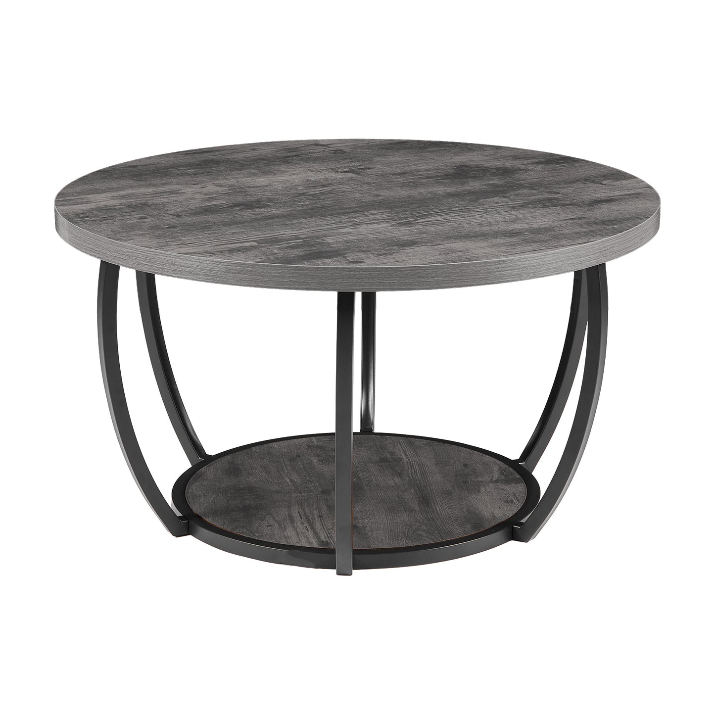 Coffee Table, Modern Round Coffee Table, 2 Tiers Wooden Circle Center Desk with Open Storage, Minimalist Sturdy Metal Frame Accent End Desk for Living Room, Office, Easy Assembly, Grey