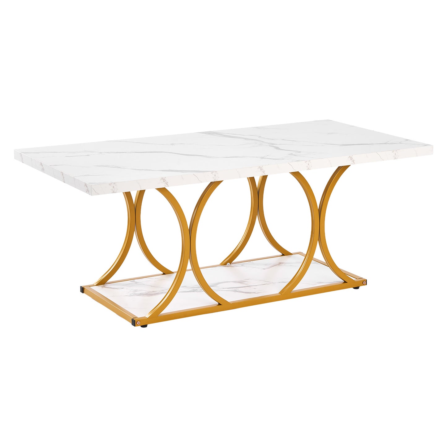 Coffee Table, Modern Faux Marble Coffee Table, Large 2-Tier Rectangle Center Desk with Geometric Legs, Minimalist Sturdy Metal Frame Accent End Desk for Living Room, Office, Easy Assembly, White