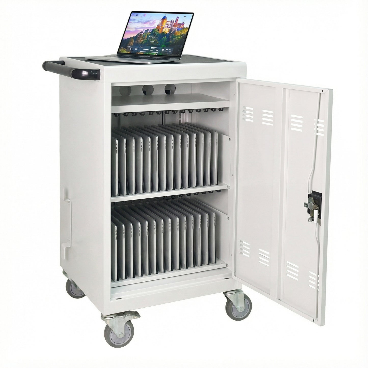 30+2Bay Mobile School Charging Cart Station for Chromebook, Tablet and Laptop Computer with Power Strip Included, Assembly Required-WHITE